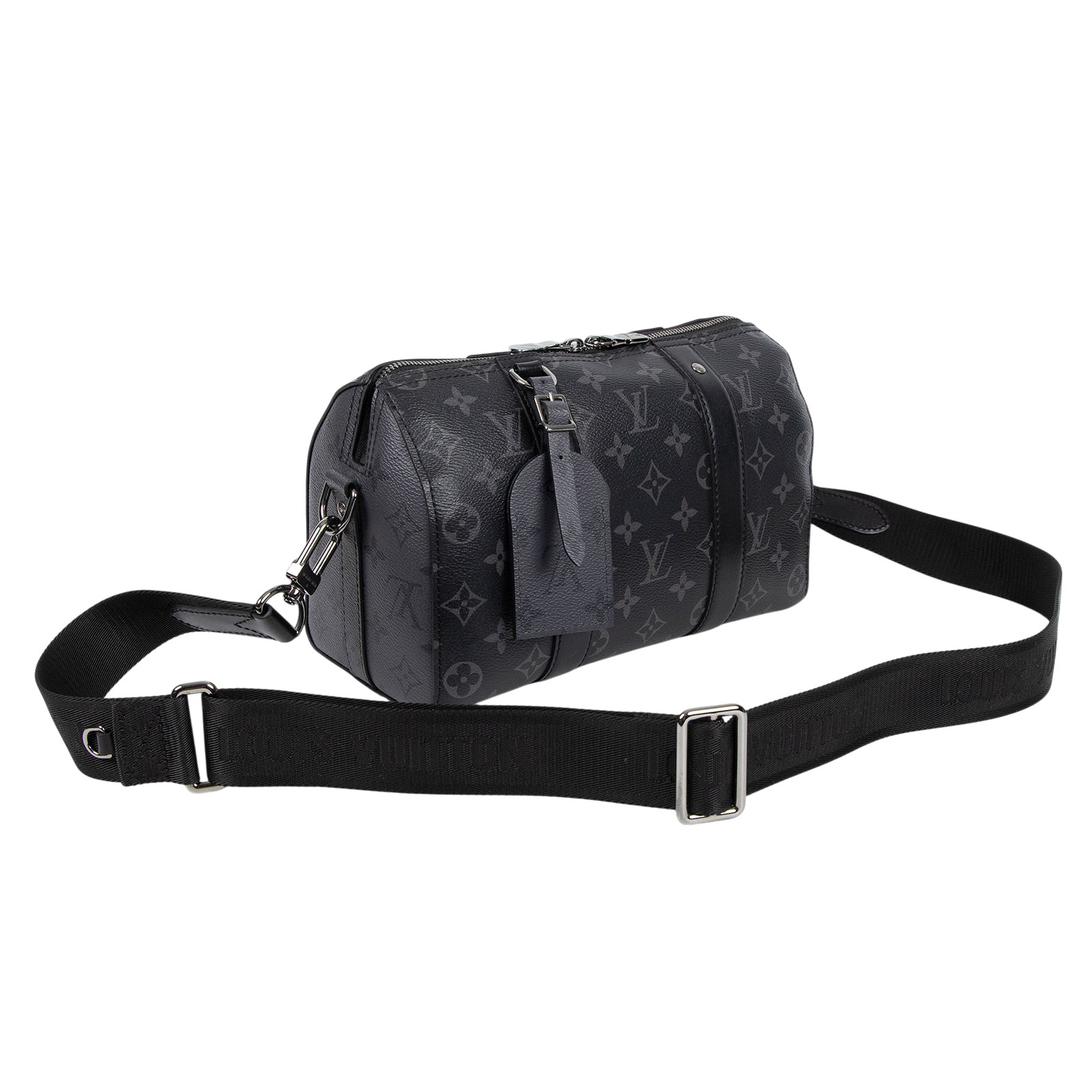 路易威登 LOUIS VUITTON City Keepall Eclipse帆布 拉鍊 斜背包 黑色 M45936 晶片款  防塵袋/背帶/吊牌