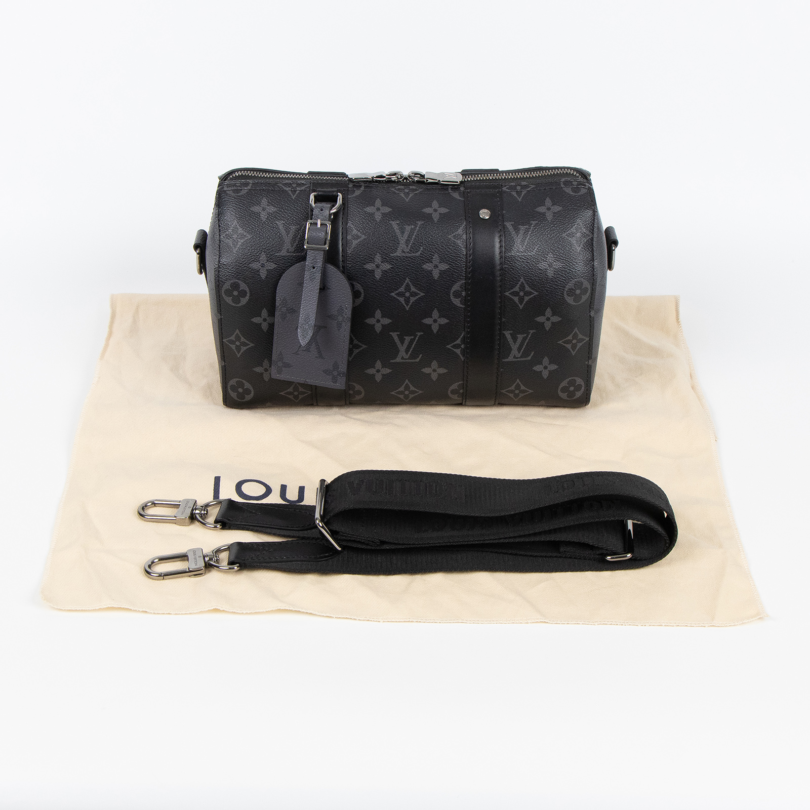 路易威登 LOUIS VUITTON City Keepall Eclipse帆布 拉鍊 斜背包 黑色 M45936 晶片款  防塵袋/背帶/吊牌