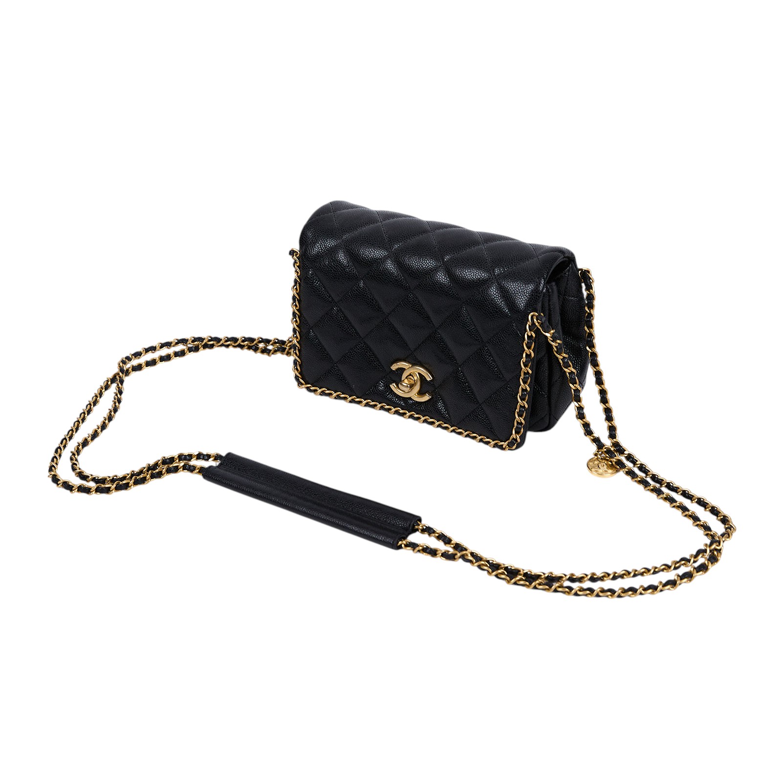 香奈兒 CHANEL 金幣  斜背 肩背口蓋包 AS3467 晶片款 黑金荔枝牛皮穿鍊鑲邊肩背包 原廠盒子/防塵袋