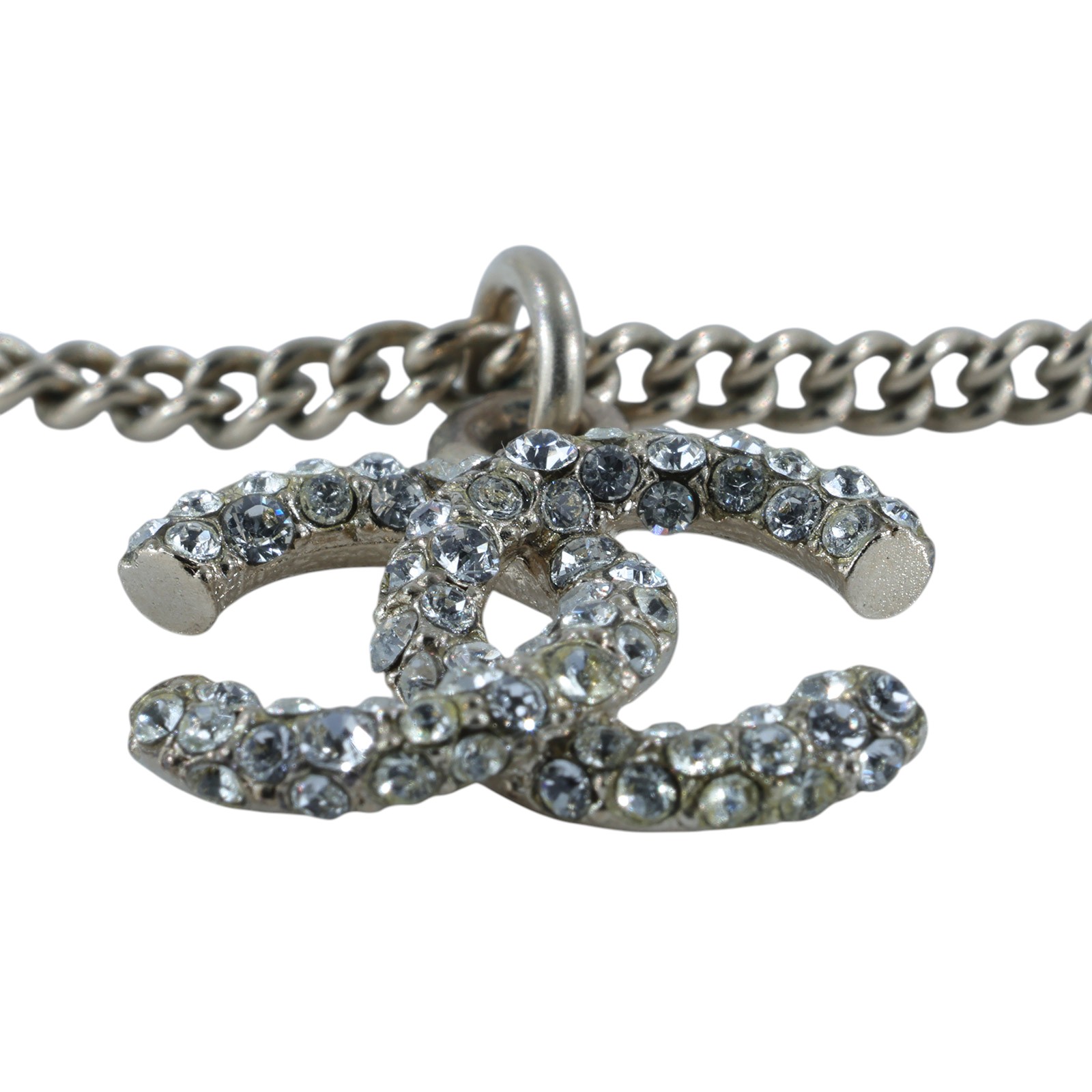 香奈兒 CHANEL 雙C 水鑽 珍珠 項鍊 銀色 C18B 水鑽珍珠項鍊 無附屬品