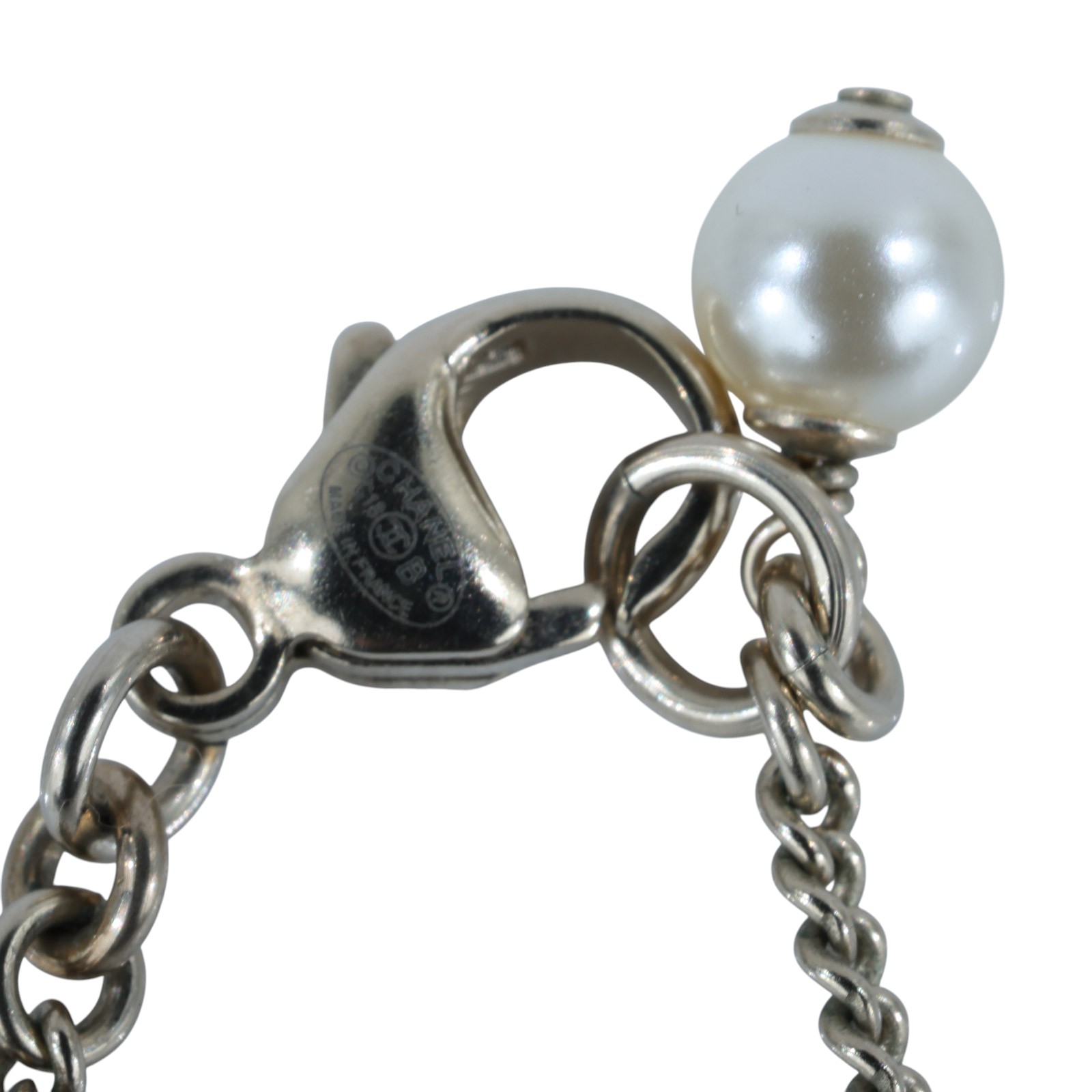 香奈兒 CHANEL 雙C 水鑽 珍珠 項鍊 銀色 C18B 水鑽珍珠項鍊 無附屬品