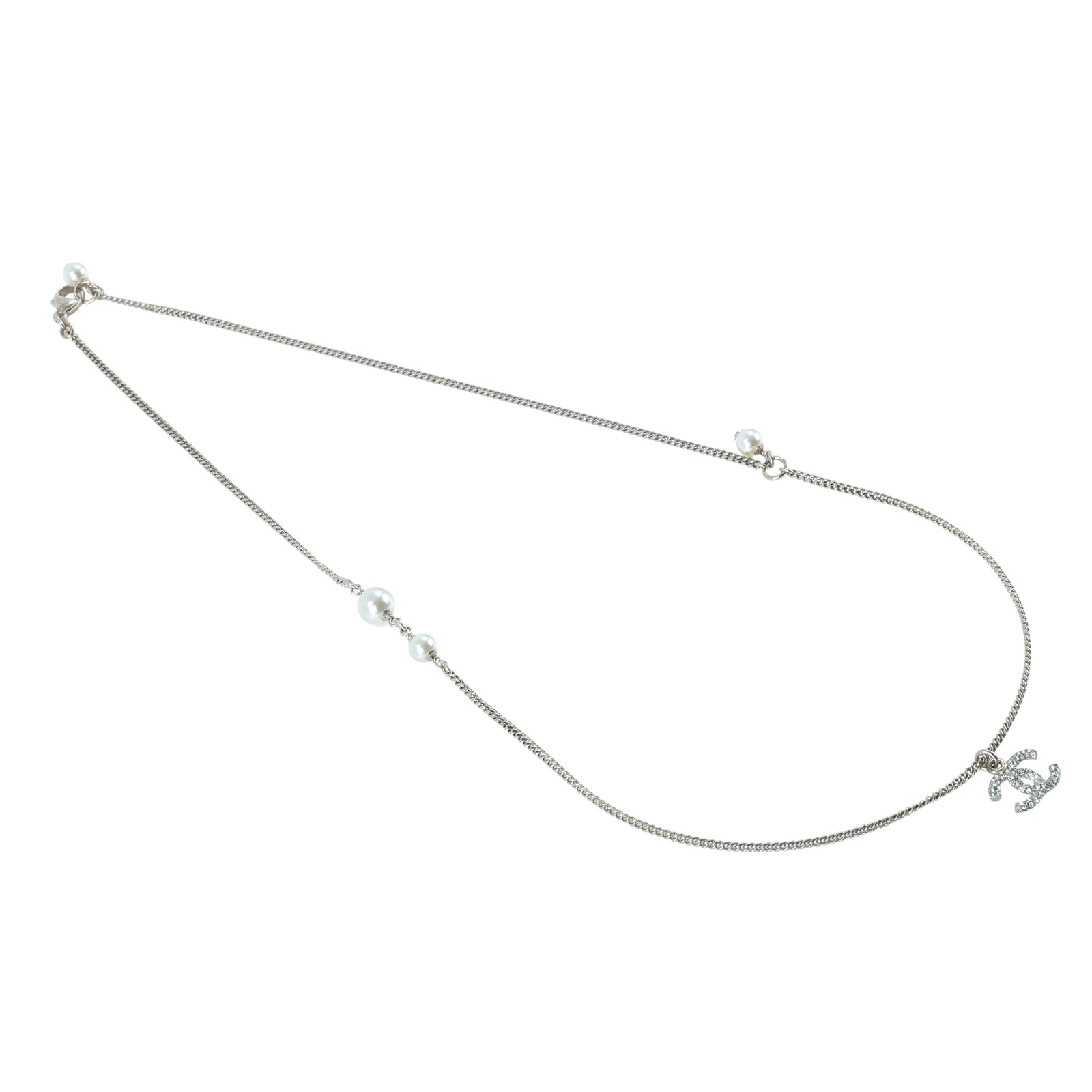 香奈兒 CHANEL 雙C 水鑽 珍珠 項鍊 銀色 C18B 水鑽珍珠項鍊 無附屬品