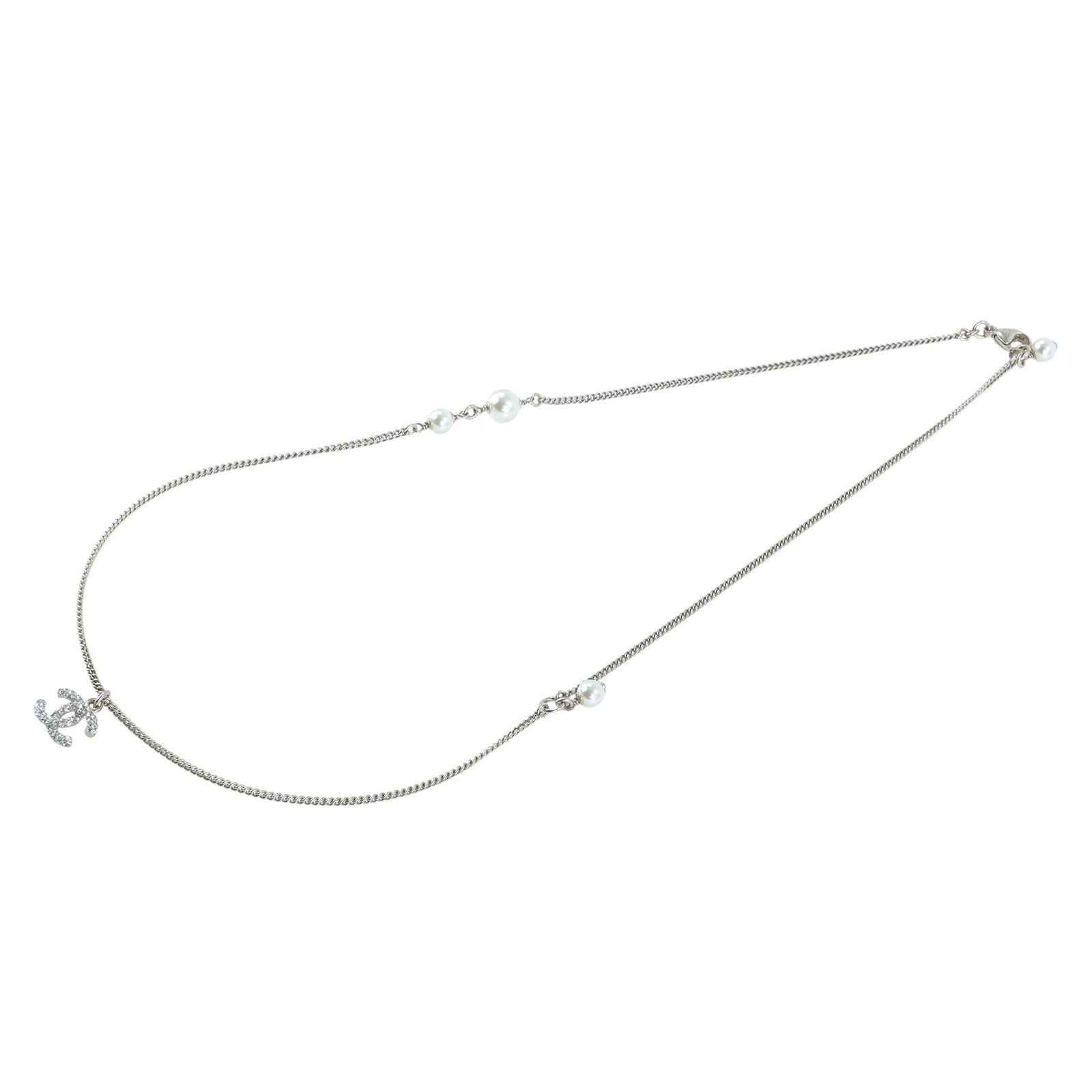 香奈兒 CHANEL 雙C 水鑽 珍珠 項鍊 銀色 C18B 水鑽珍珠項鍊 無附屬品