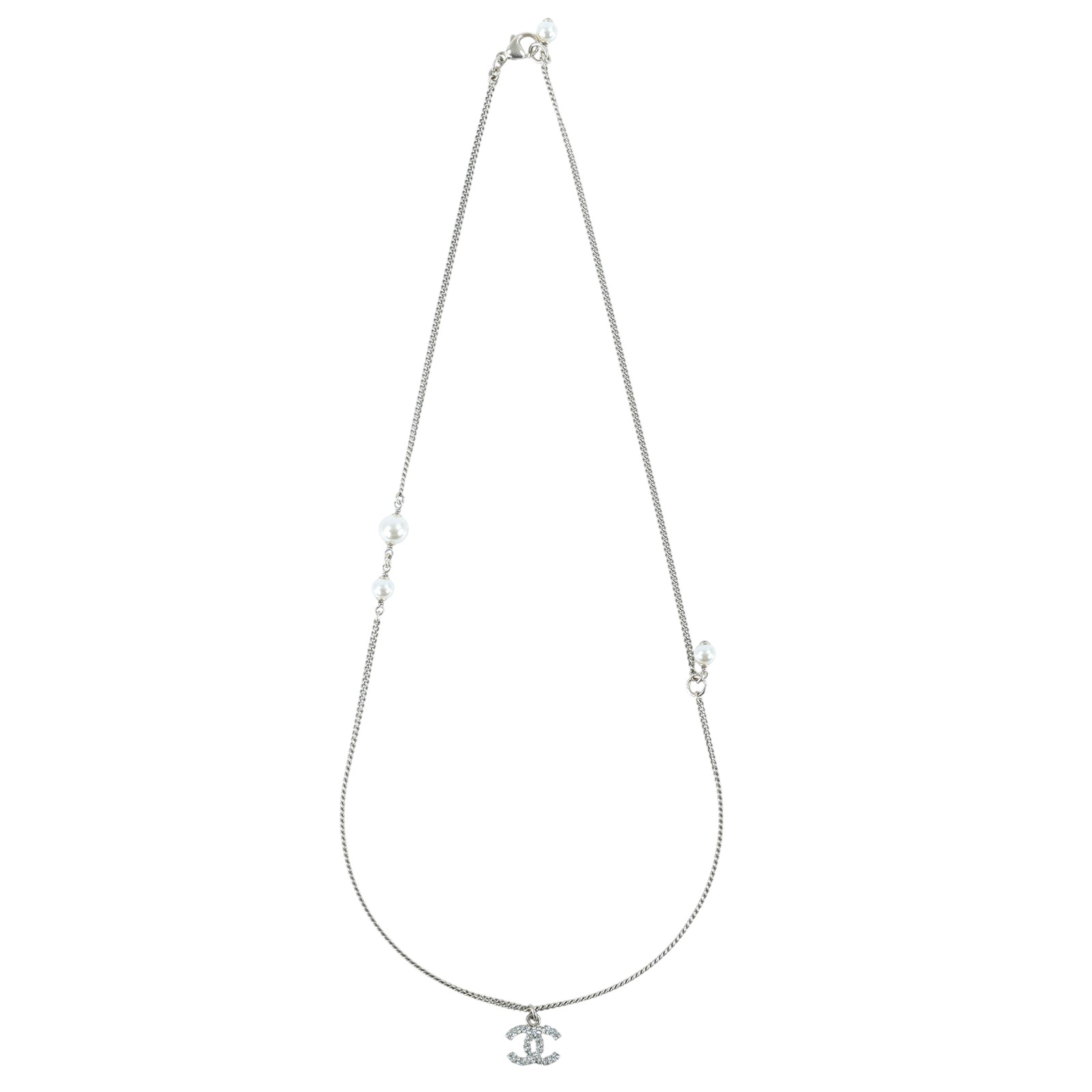 香奈兒 CHANEL 雙C 水鑽 珍珠 項鍊 銀色 C18B 水鑽珍珠項鍊 無附屬品