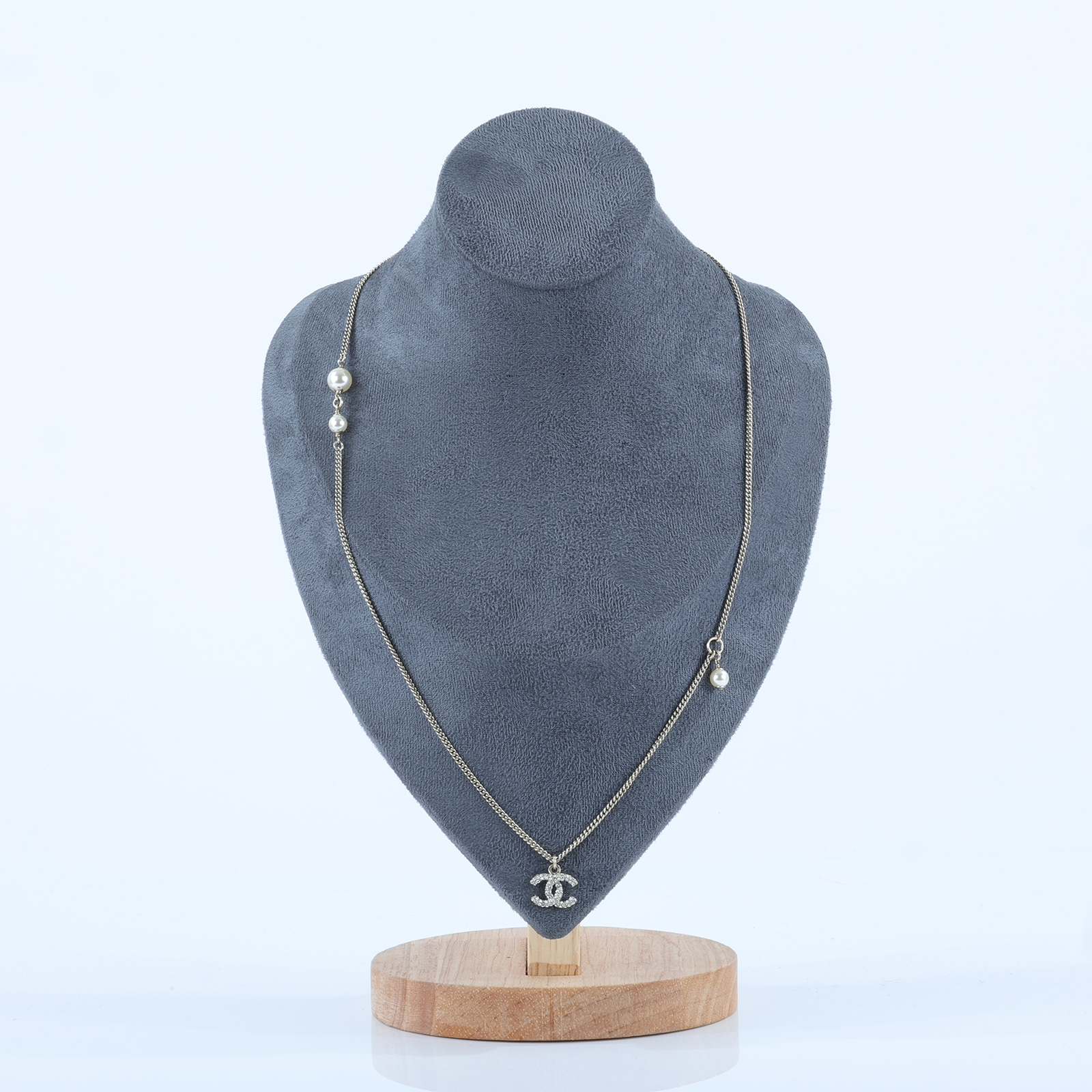 香奈兒 CHANEL 雙C 水鑽 珍珠 項鍊 銀色 C18B 水鑽珍珠項鍊 無附屬品