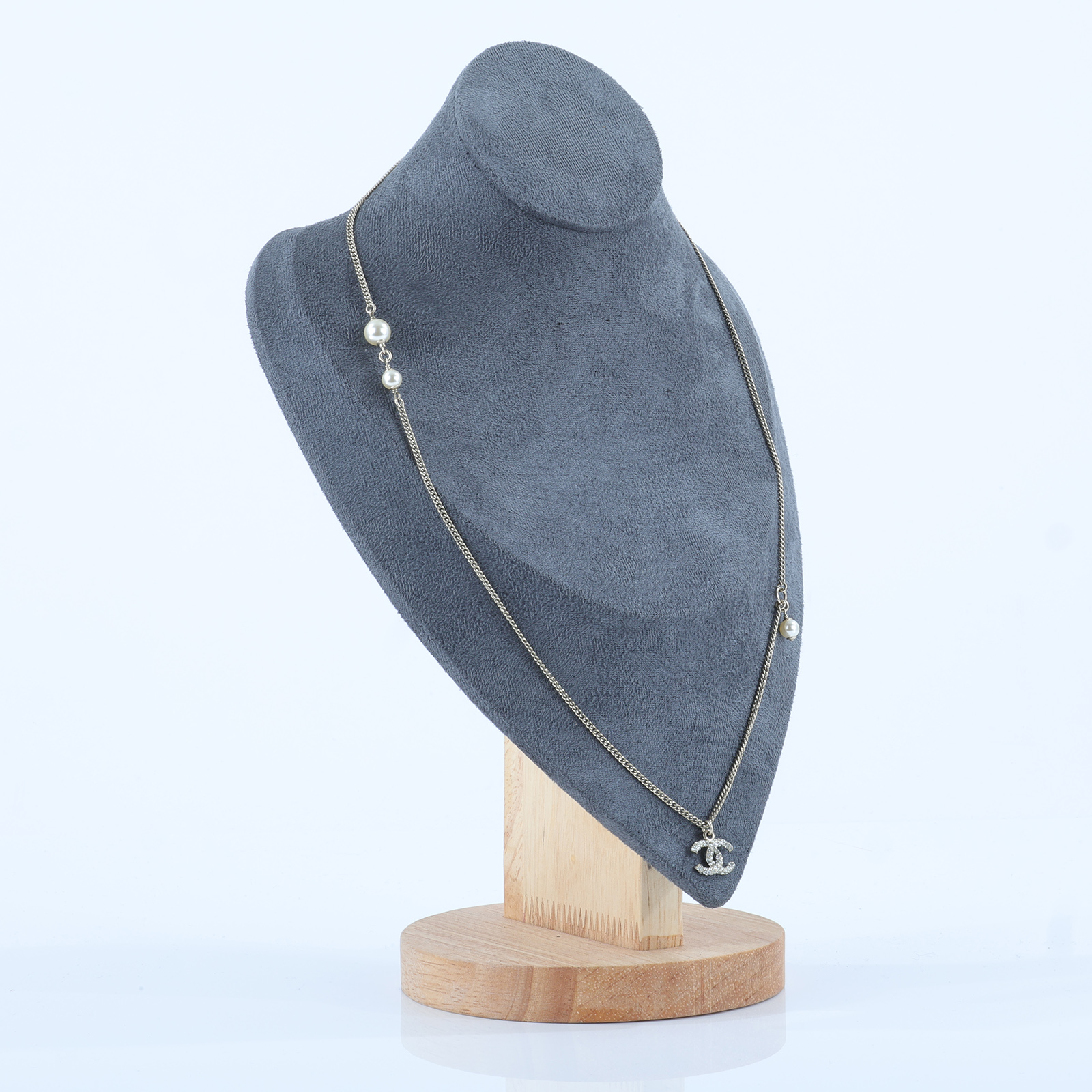 香奈兒 CHANEL 雙C 水鑽 珍珠 項鍊 銀色 C18B 水鑽珍珠項鍊 無附屬品