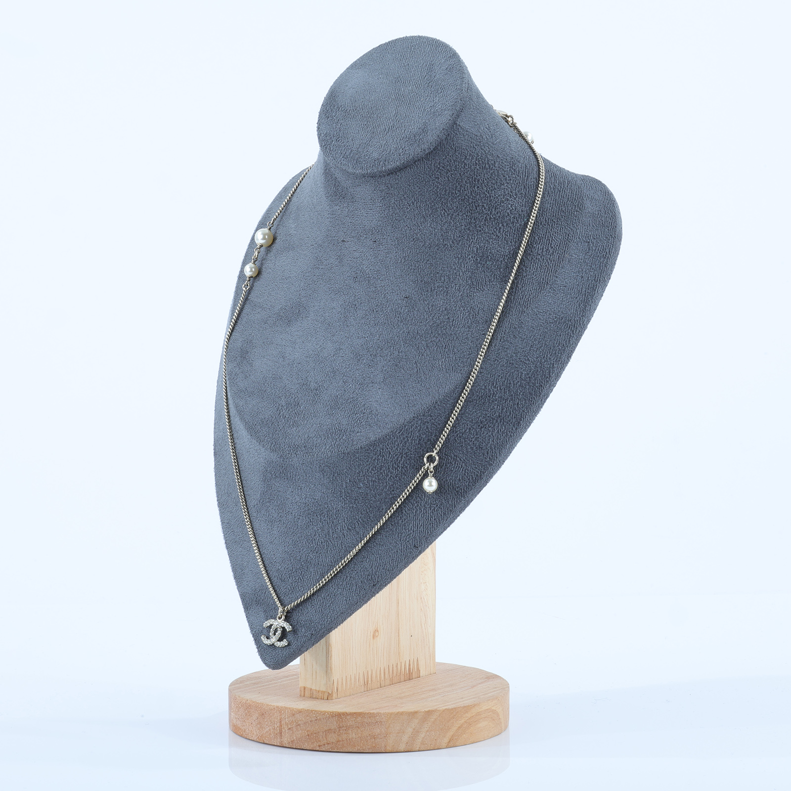 香奈兒 CHANEL 雙C 水鑽 珍珠 項鍊 銀色 C18B 水鑽珍珠項鍊 無附屬品