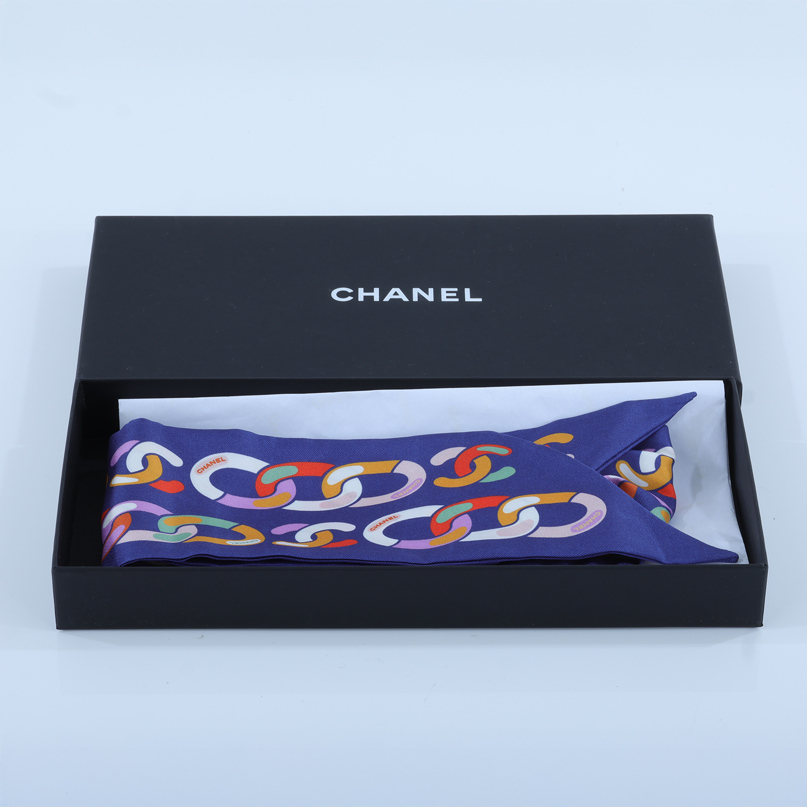 香奈兒 CHANEL 絲巾  藍鎖鏈TWILLY 原廠盒子