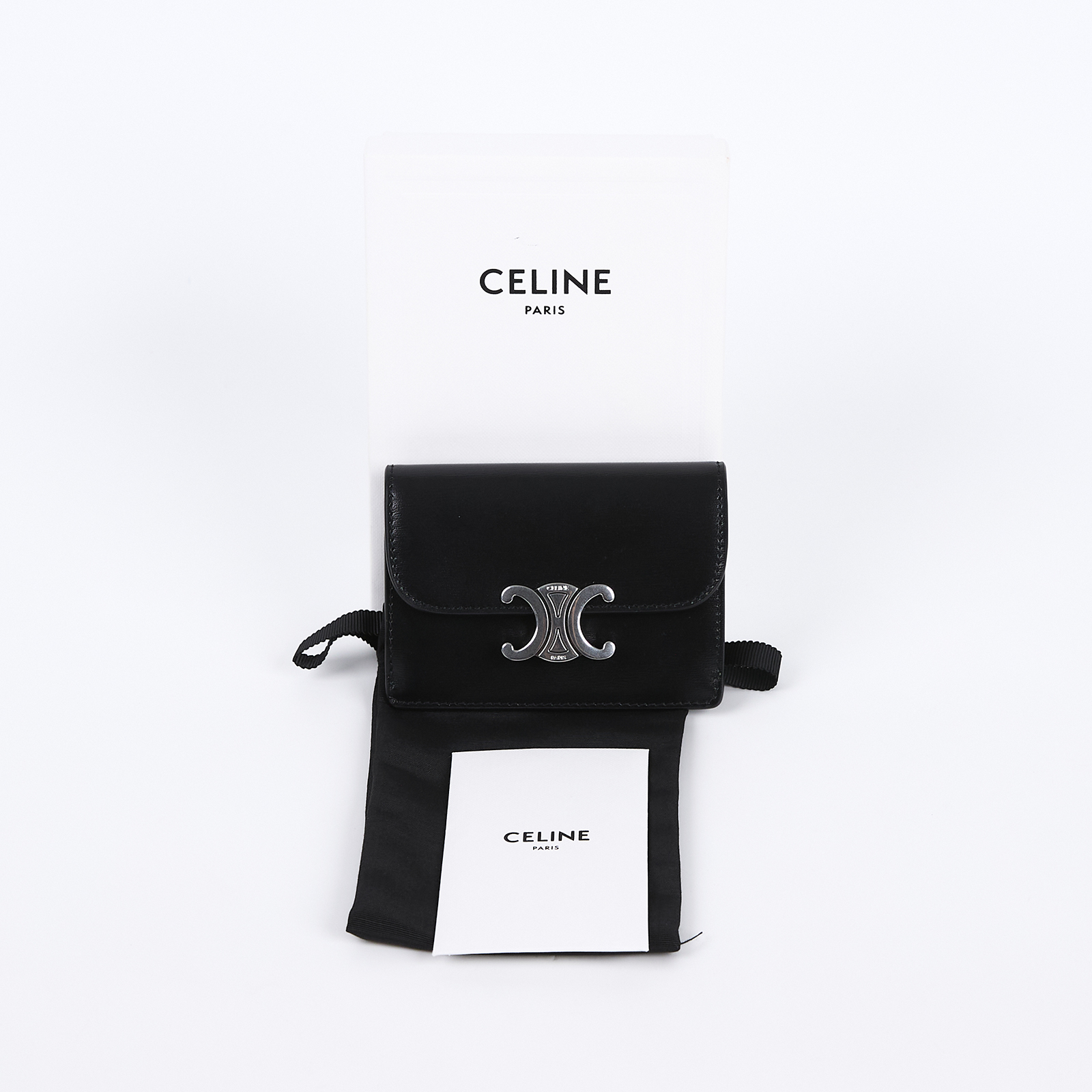 思琳 CELINE Triomphe 翻蓋卡包 10I583DPV 黑銀凱旋卡包 原廠盒子/防塵袋