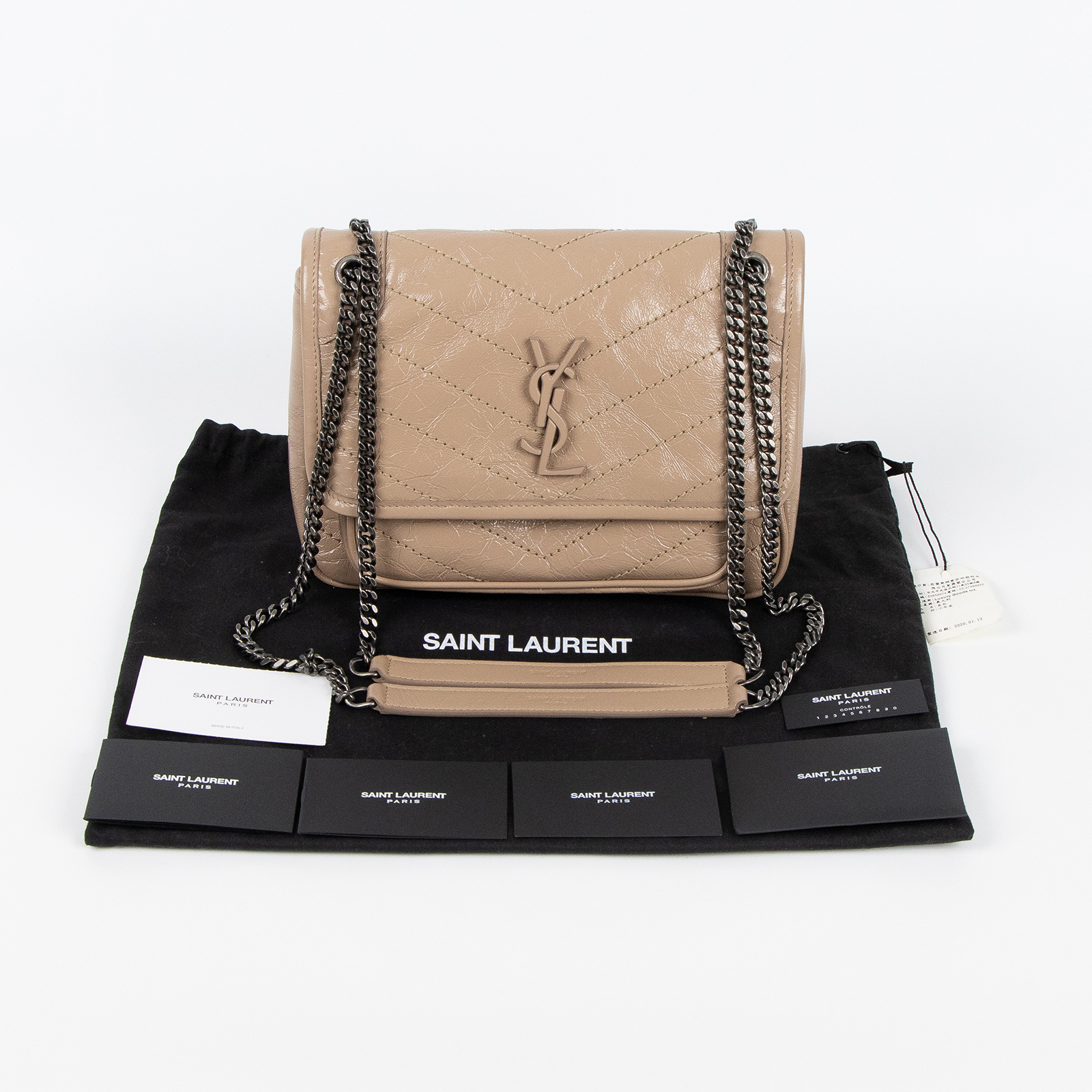 聖羅蘭 YSL SAINT LAURENT Niki 復古小牛皮 Baby 斜背 翻蓋包 5330370EN04 奶茶NIKI BABY肩背包 防塵袋