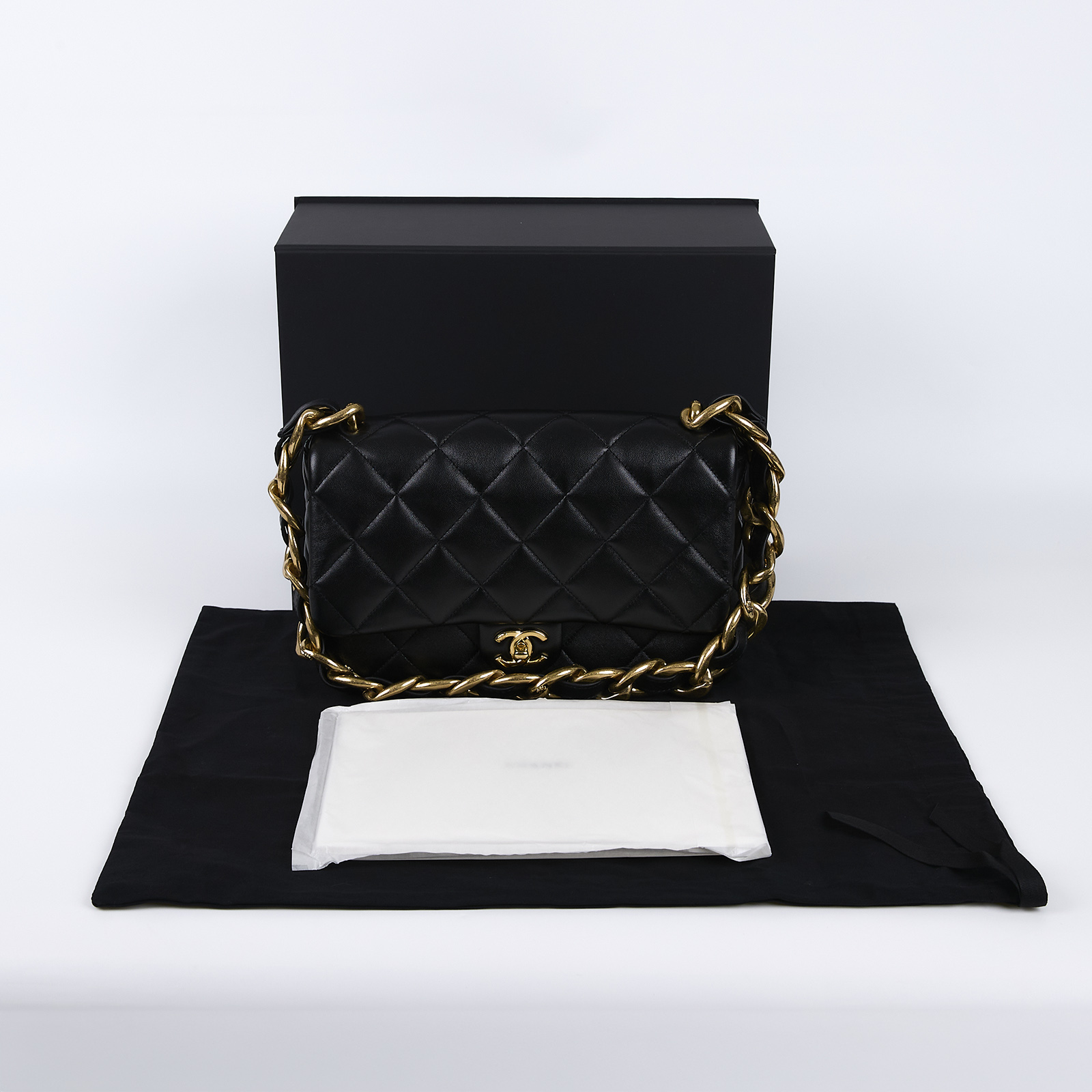 香奈兒 CHANEL 丹寧 粗鍊條 肩背 口蓋包 AS3216 黑金羊粗鍊肩背包 原廠盒子/防塵袋