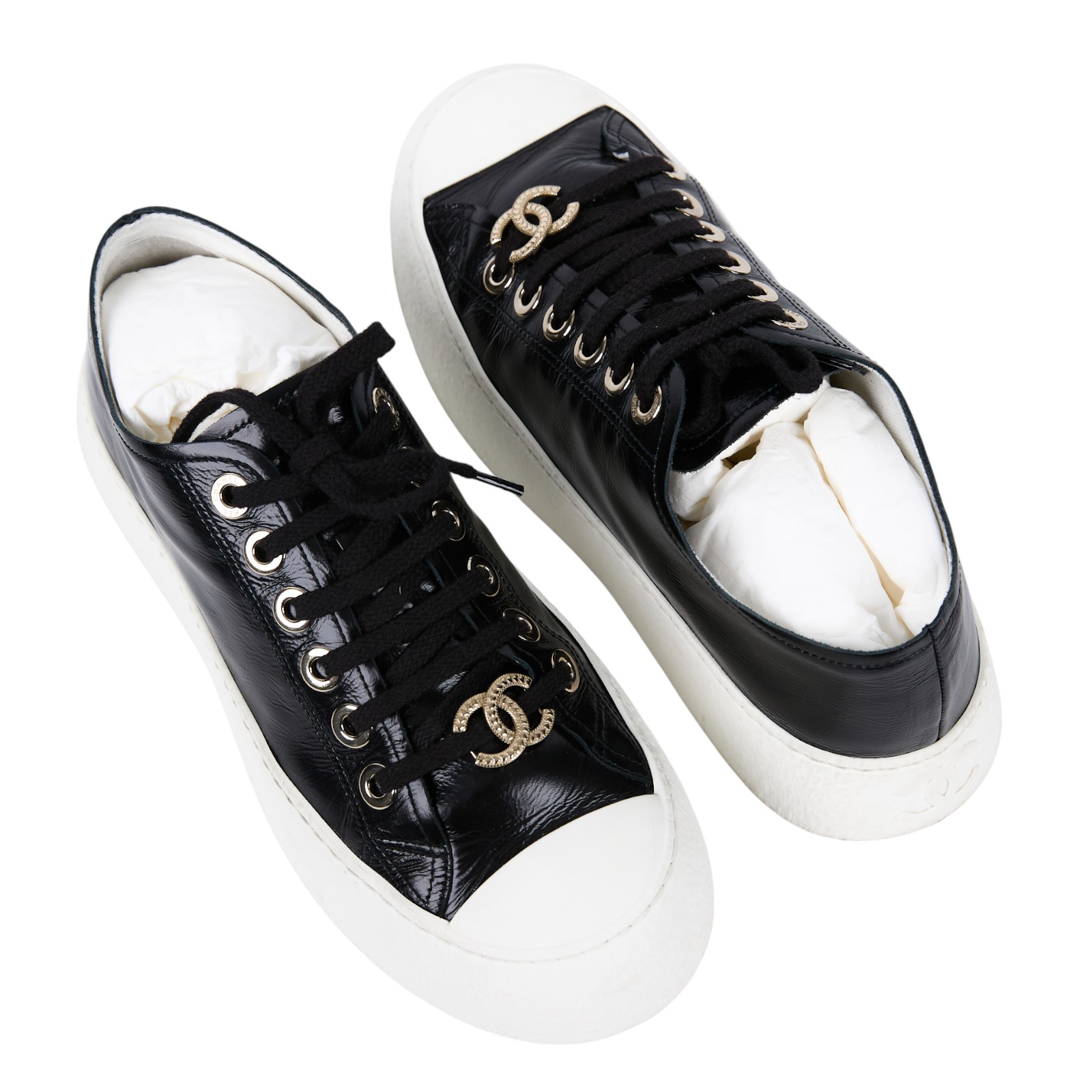 香奈兒 CHANEL CC 平底鞋 G45560_37 黑皮革拚白厚底鞋#37 原廠盒子/防塵袋2/購買證明