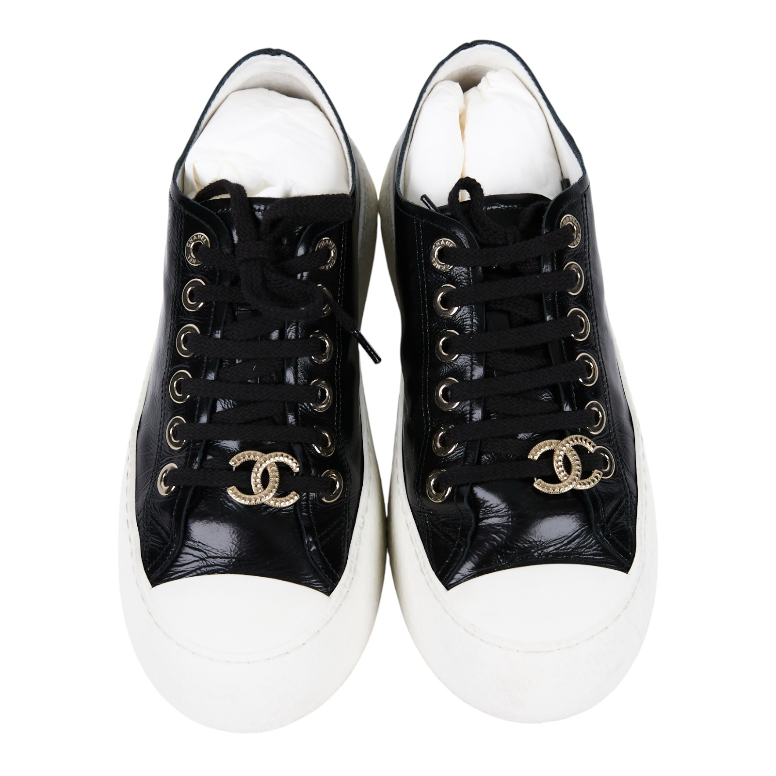 香奈兒 CHANEL CC 平底鞋 G45560_37 黑皮革拚白厚底鞋#37 原廠盒子/防塵袋2/購買證明