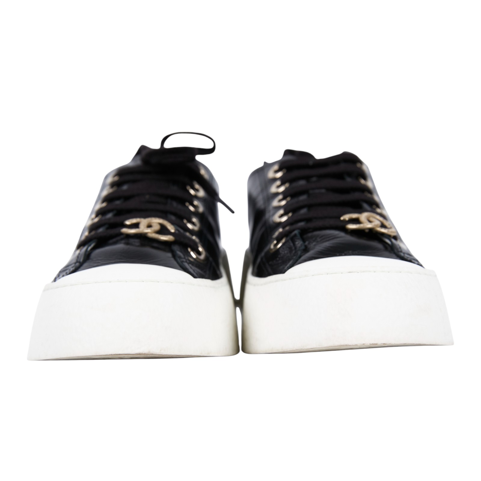 香奈兒 CHANEL CC 平底鞋 G45560_37 黑皮革拚白厚底鞋#37 原廠盒子/防塵袋2/購買證明