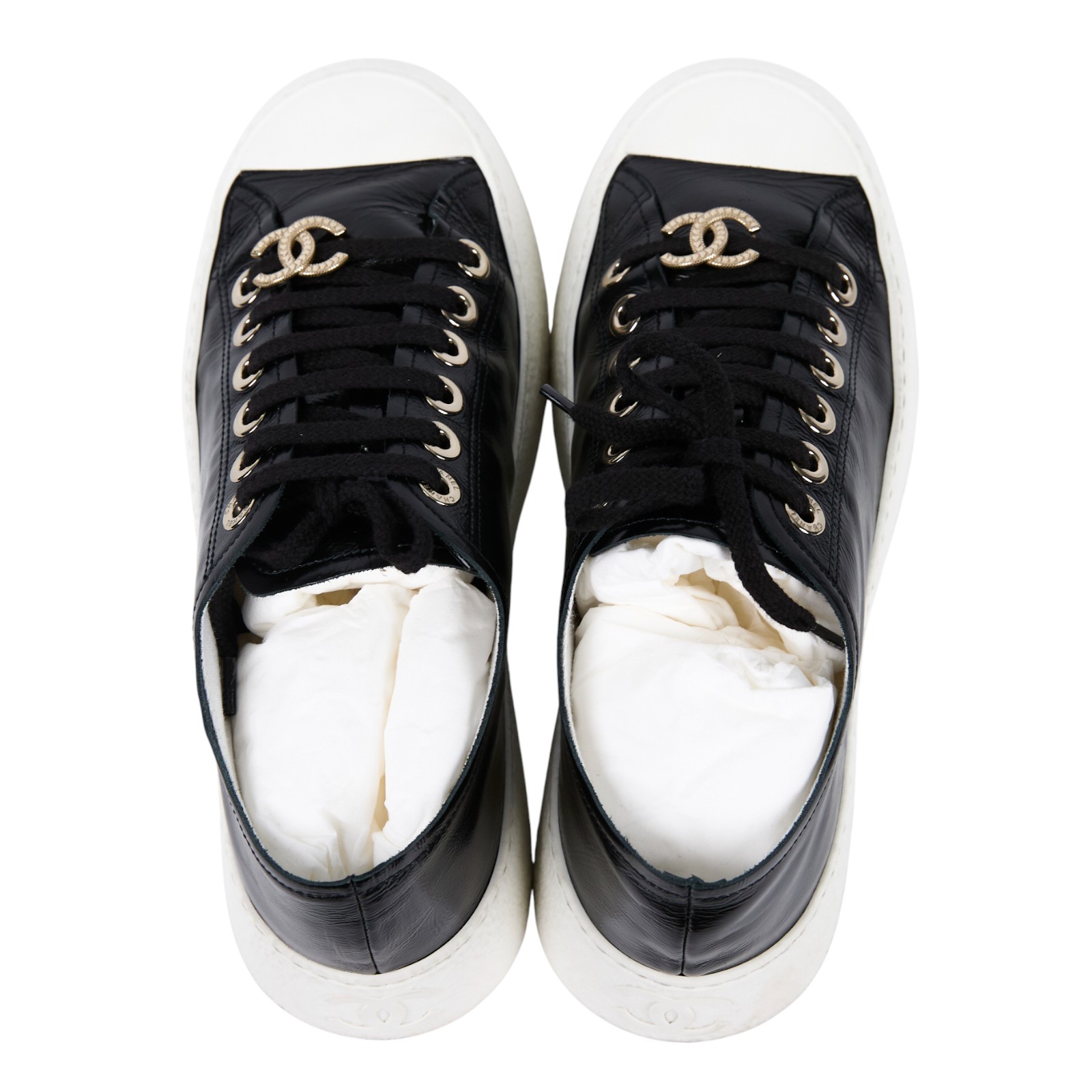 香奈兒 CHANEL CC 平底鞋 G45560_37 黑皮革拚白厚底鞋#37 原廠盒子/防塵袋2/購買證明