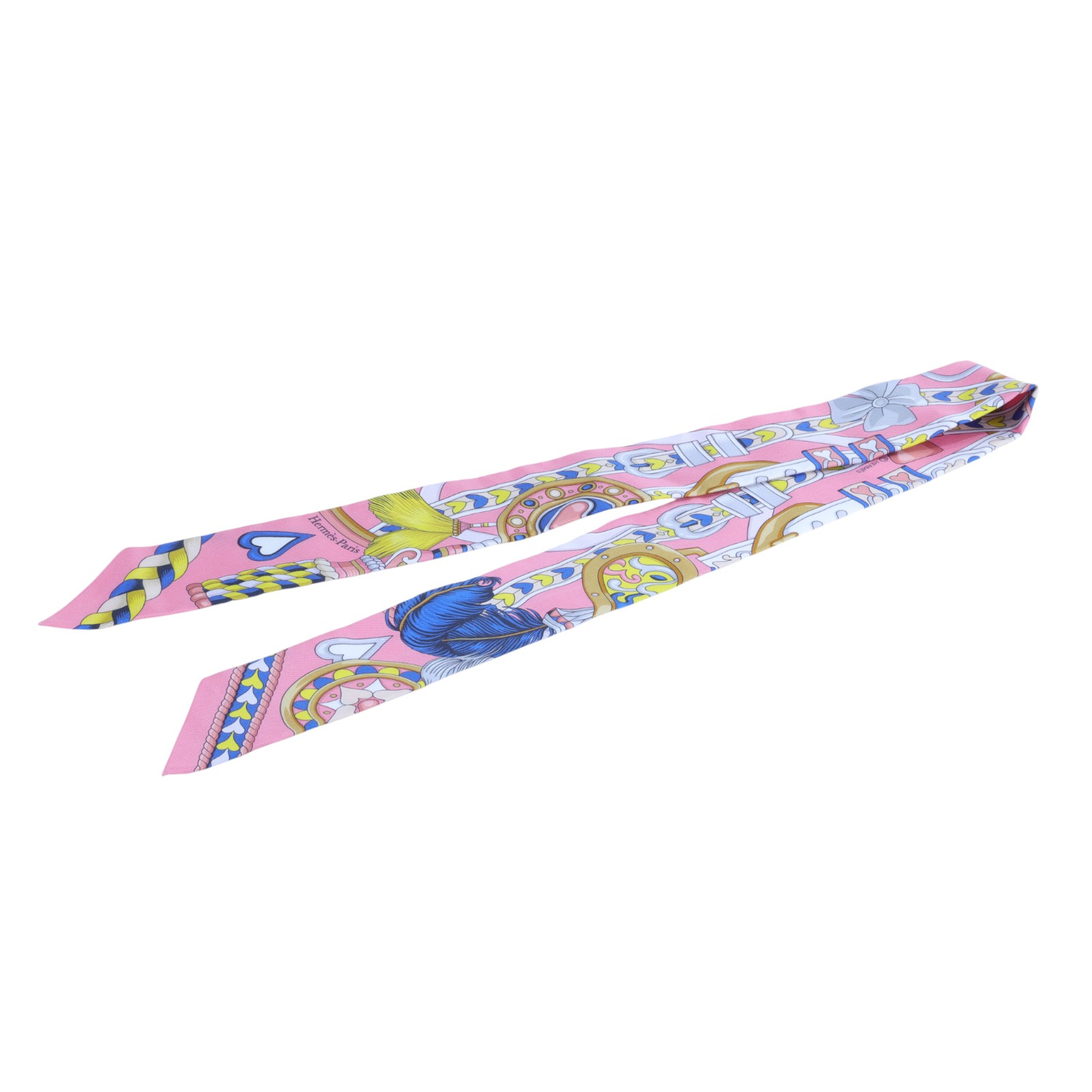 愛馬仕 Hermes Harnais de Coeur Twilly 絲巾 糖果粉 豔藍色 白色 H064090Sv07  粉底蝴蝶結鎖鏈TWILLY 原廠盒子