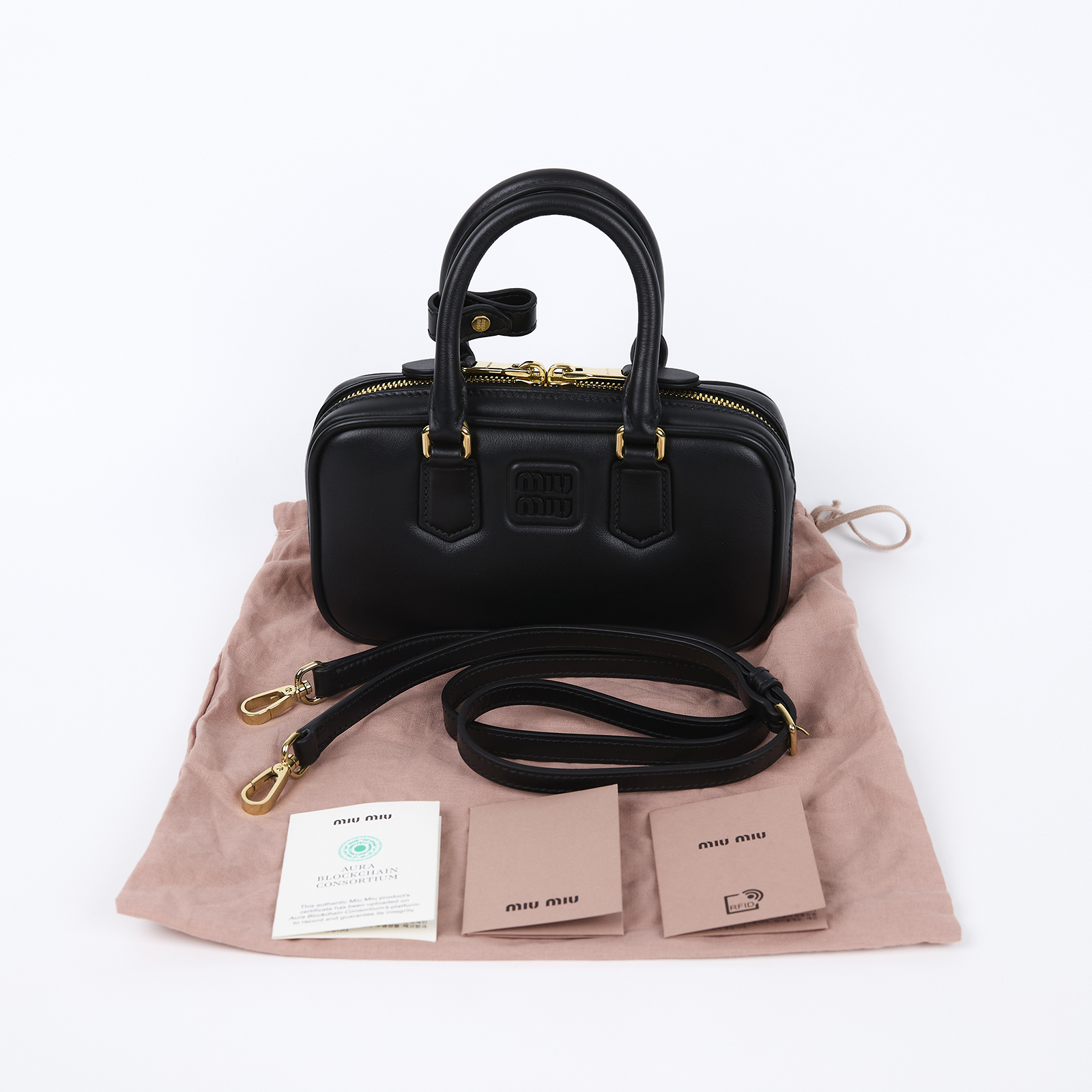 繆繆 MIU MIU Arcadie 皮革 手袋 迷你 5BP088_ACR3 黑金Arcadie手提肩背包MINI 防塵袋/背帶