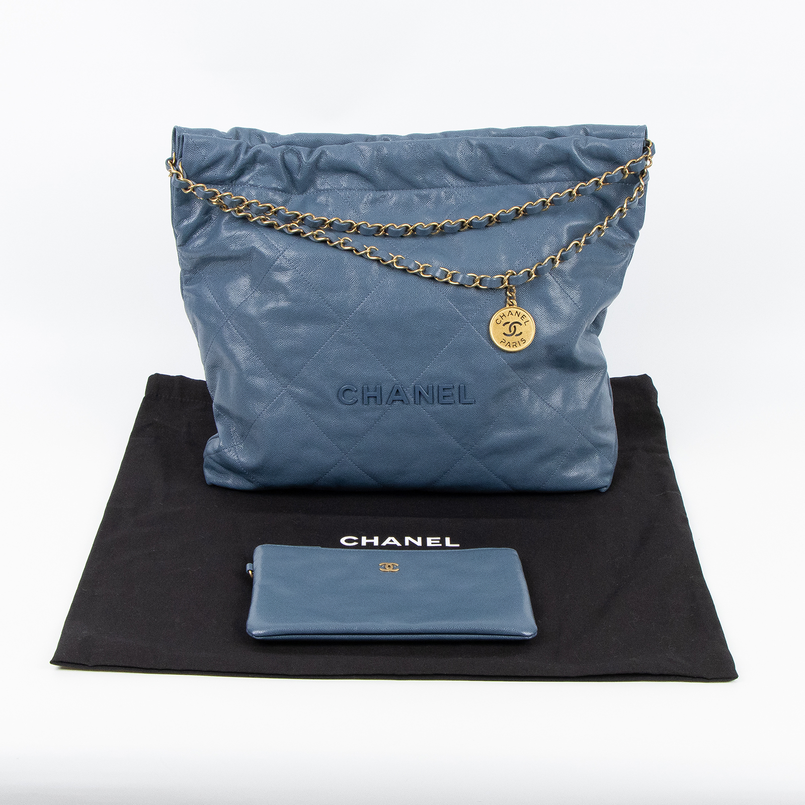香奈兒 CHANEL 22 小型 束口包 AS3260 晶片款 藍金荔枝22BAG 小號 防塵袋/內袋