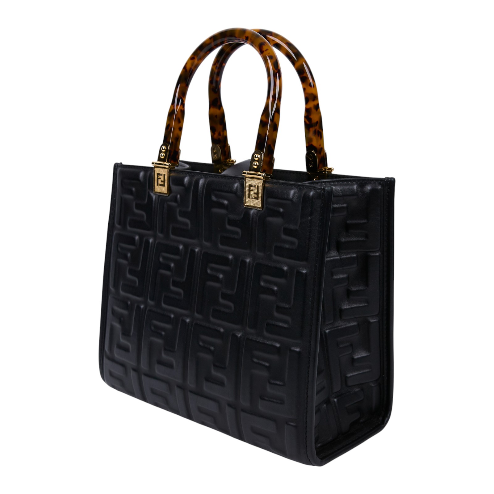 芬迪 FENDI Sunshine 小型 皮革 手提袋 8BH394AMCY 黑皮革壓紋SUNSHINE托特包 SMALL 防塵袋/背帶