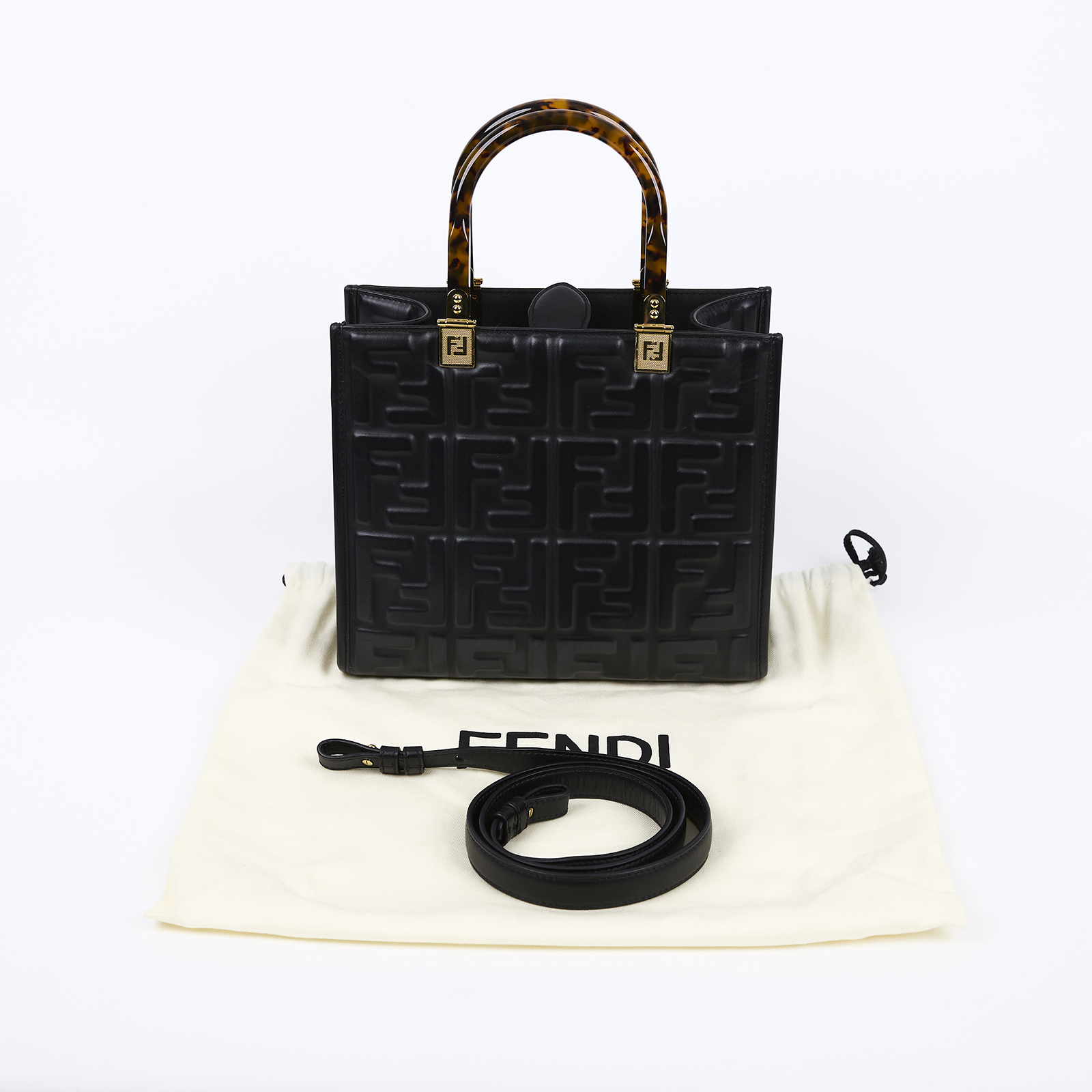 芬迪 FENDI Sunshine 小型 皮革 手提袋 8BH394AMCY 黑皮革壓紋SUNSHINE托特包 SMALL 防塵袋/背帶