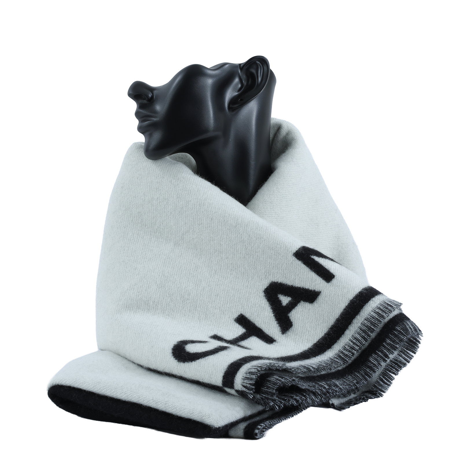 香奈兒 CHANEL 羊絨 圍巾  黑白喀什米爾圍巾 防塵袋