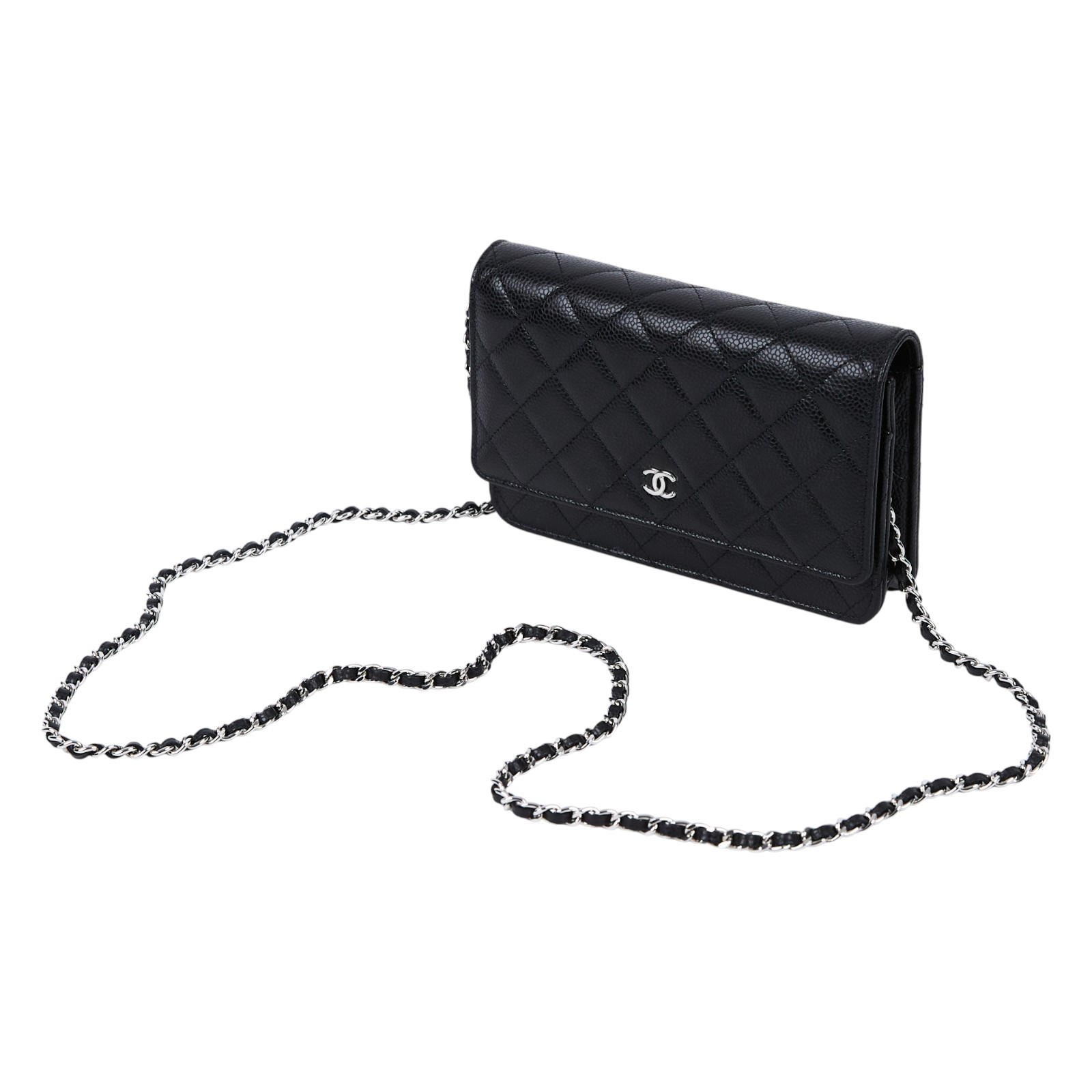香奈兒 CHANEL 經典鏈子皮夾 菱格紋 CC LOGO AP0250 Y01588 晶片款 黑銀荔枝WOC 原廠盒子/防塵袋/購買證明