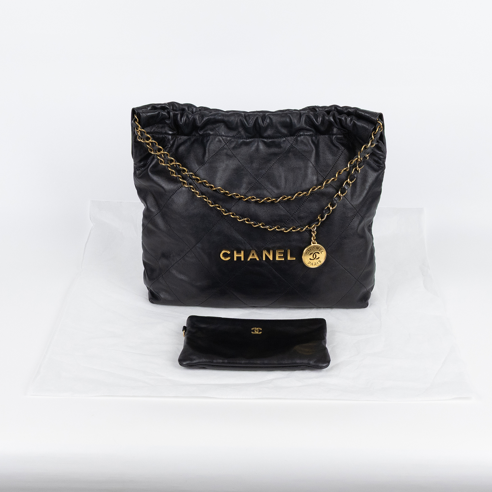 香奈兒 CHANEL 22 中型 束口包 AS3261 晶片款 黑金22包中號 內袋