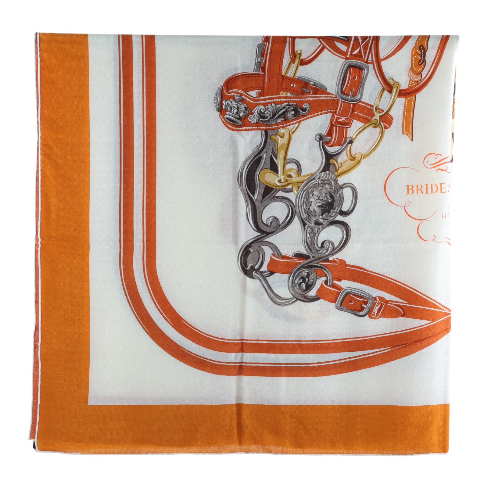 愛馬仕 Hermes Twilly 圍巾 140   橘白底馬鞍喀什米爾圍巾140140 原廠盒子