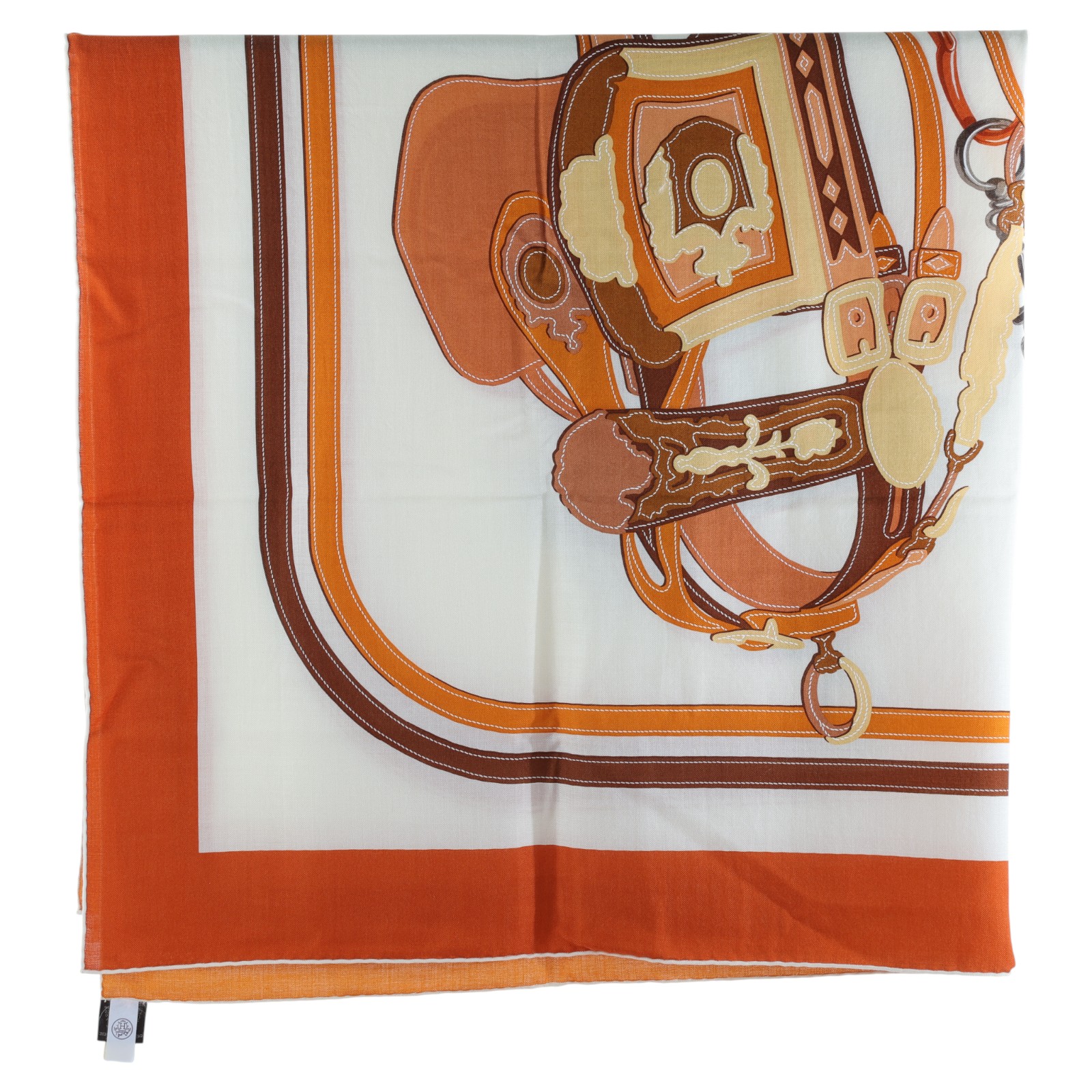 愛馬仕 Hermes Twilly 圍巾 140   橘白底馬鞍喀什米爾圍巾140140 原廠盒子