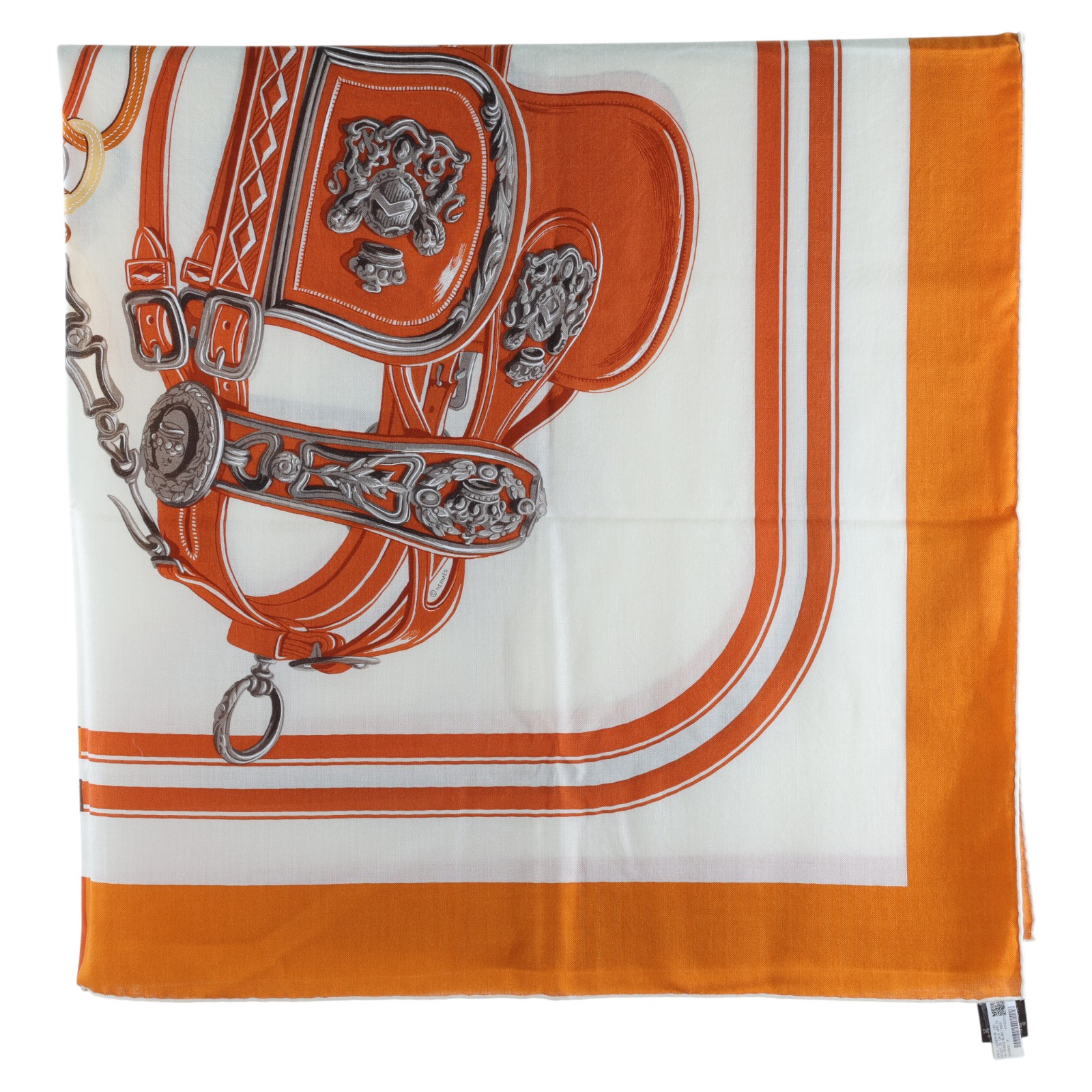 愛馬仕 Hermes Twilly 圍巾 140   橘白底馬鞍喀什米爾圍巾140140 原廠盒子