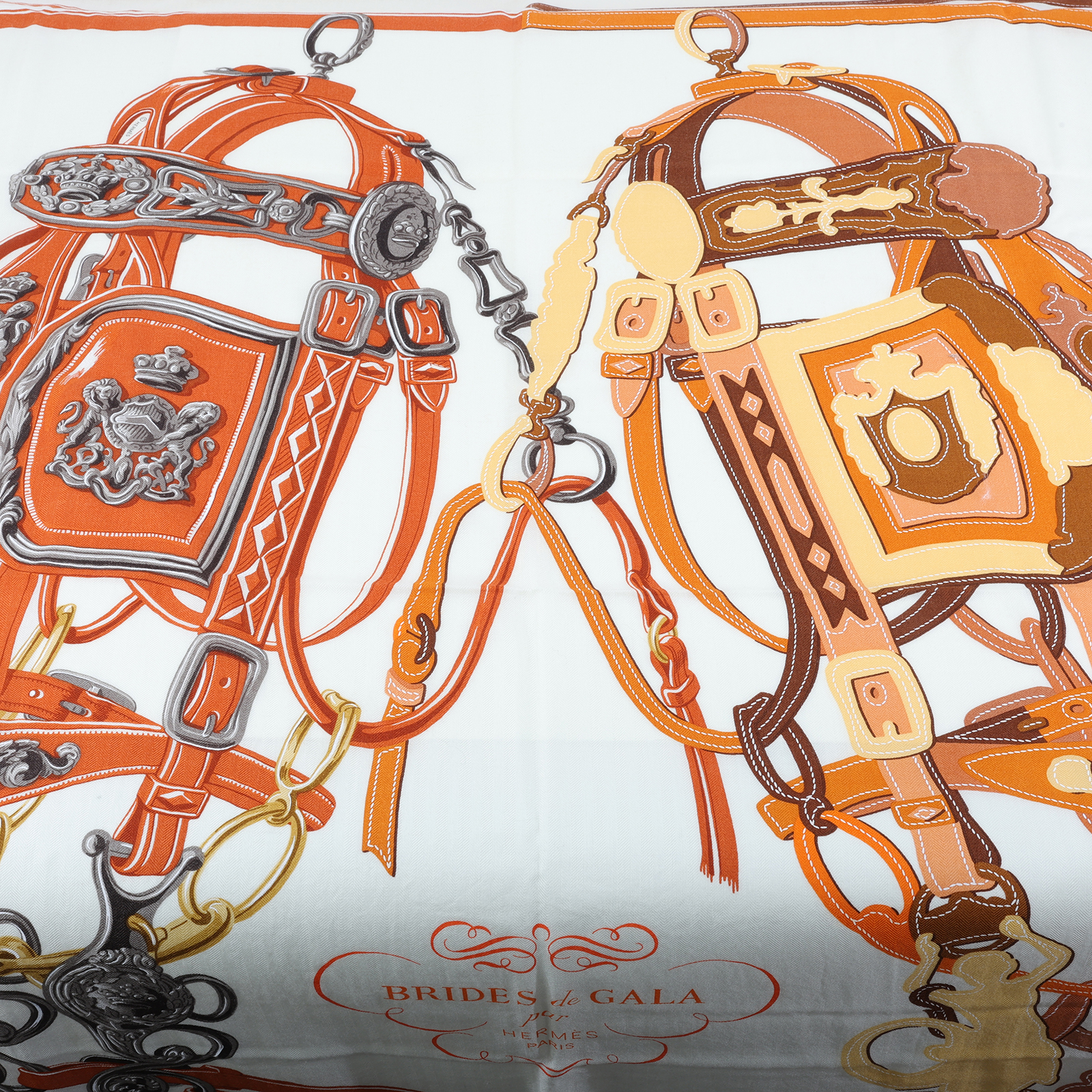 愛馬仕 Hermes Twilly 圍巾 140   橘白底馬鞍喀什米爾圍巾140140 原廠盒子