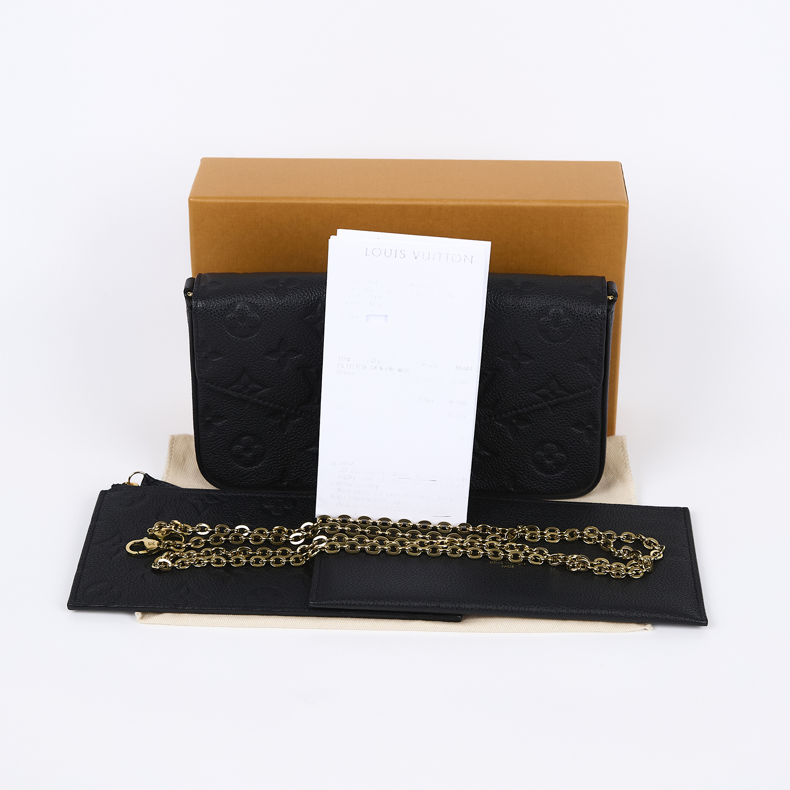 路易威登 LOUIS VUITTON Félicie Pochette 經典壓花皮格 WOC 翻蓋 斜背 鍊帶 肩背包 黑色 M64064  原廠盒子/防塵袋/背帶/內袋2/購買證明影本