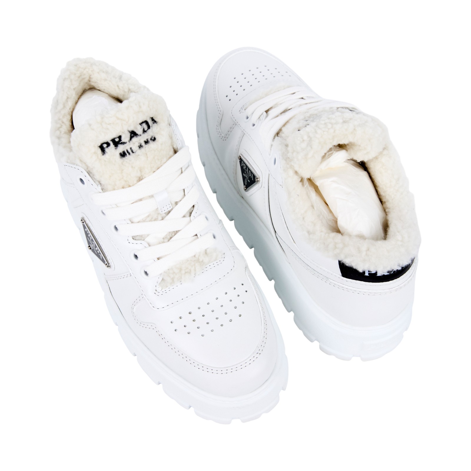 普拉達 PRADA 運動鞋 1E947M_3LEN_38 白絨毛內裡厚底鞋#38 原廠盒子/防塵袋