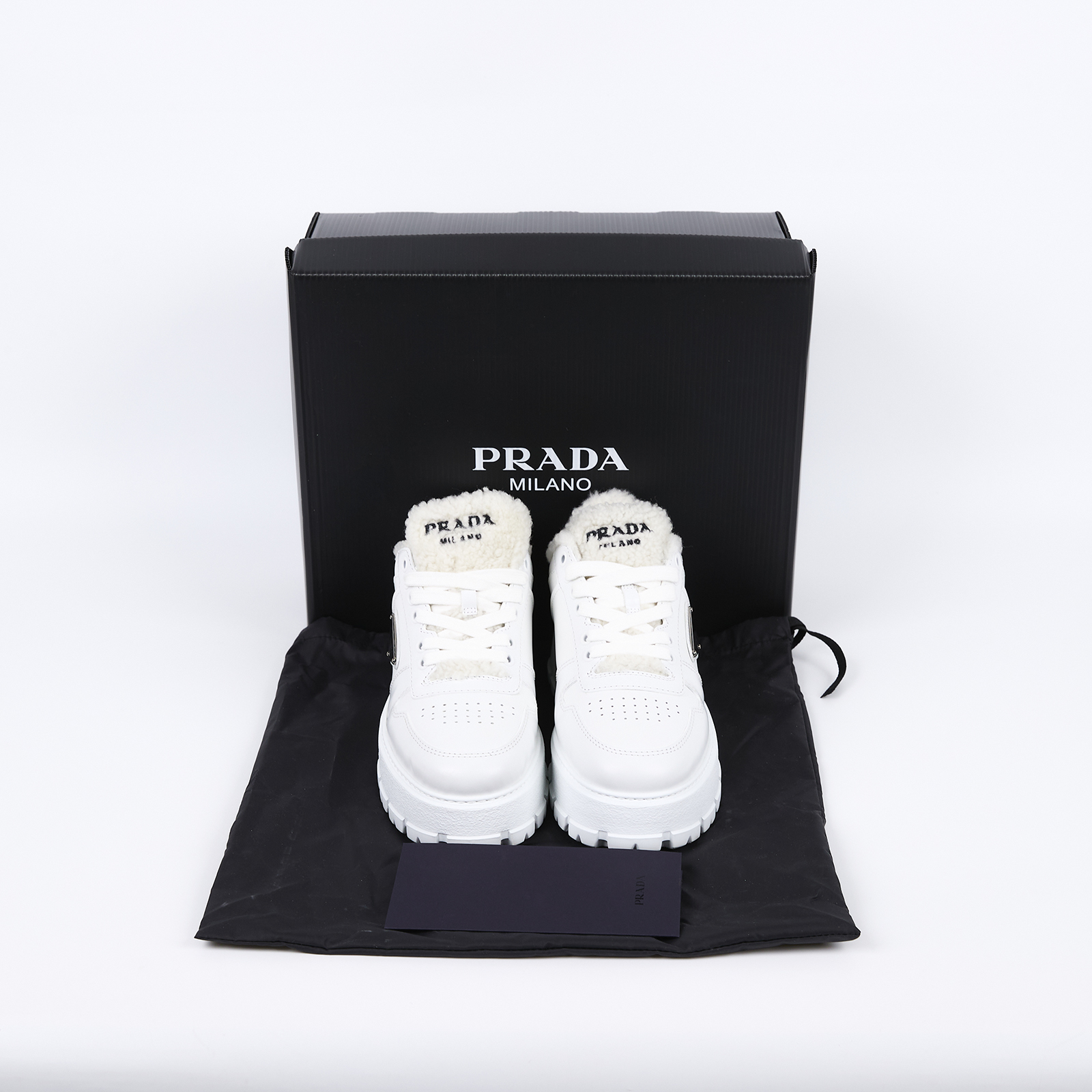 普拉達 PRADA 運動鞋 1E947M_3LEN_38 白絨毛內裡厚底鞋#38 原廠盒子/防塵袋