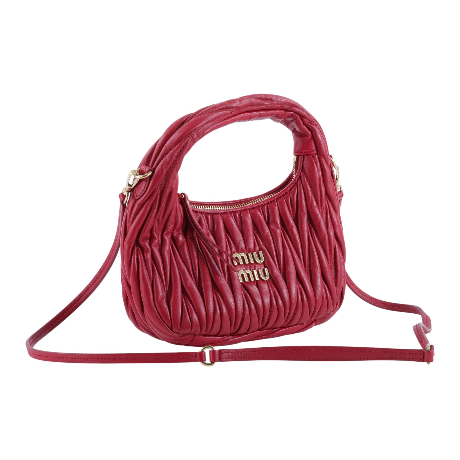 繆繆 MIU MIU Wander Matelasse 納帕皮革半月形手袋 5BC125_AN88 紅金抓皺半月包 防塵袋/背帶/購買證明