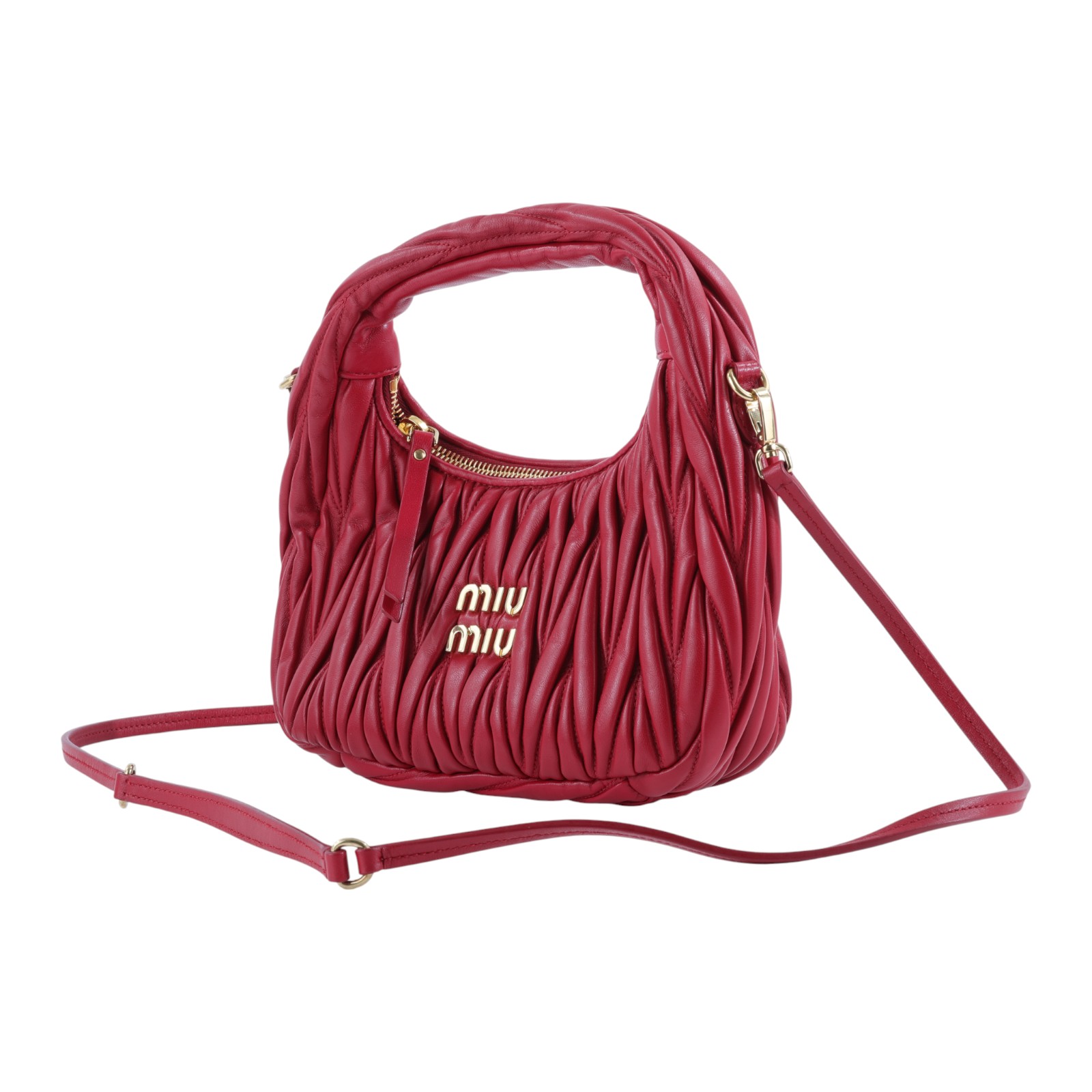 繆繆 MIU MIU Wander Matelasse 納帕皮革半月形手袋 5BC125_AN88 紅金抓皺半月包 防塵袋/背帶/購買證明