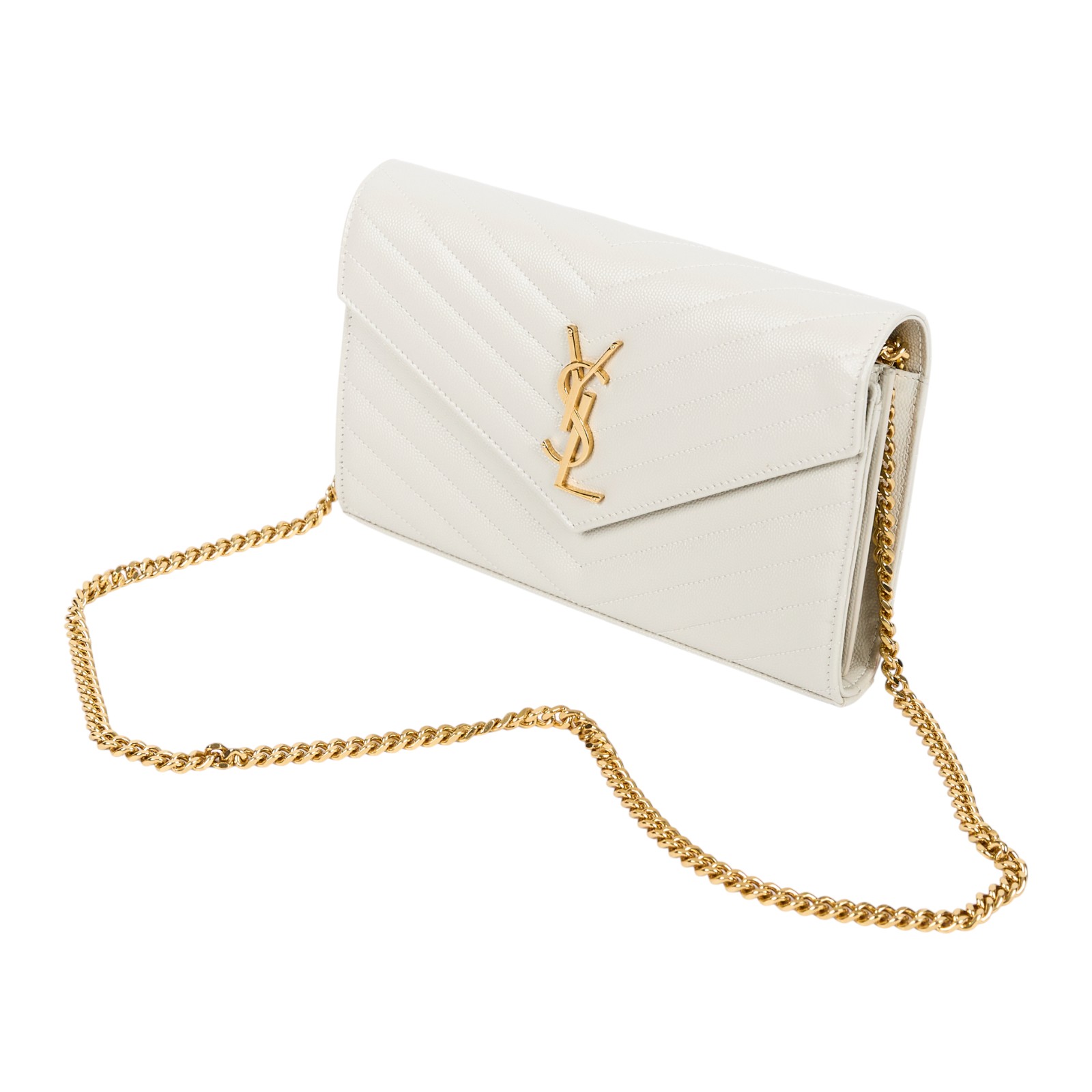 聖羅蘭 YSL SAINT LAURENT Cassandre 經典粒面皮革 鏈條 錢包 金色五金 377828BOW01 白金魚子醬WOC 原廠盒子/防塵袋