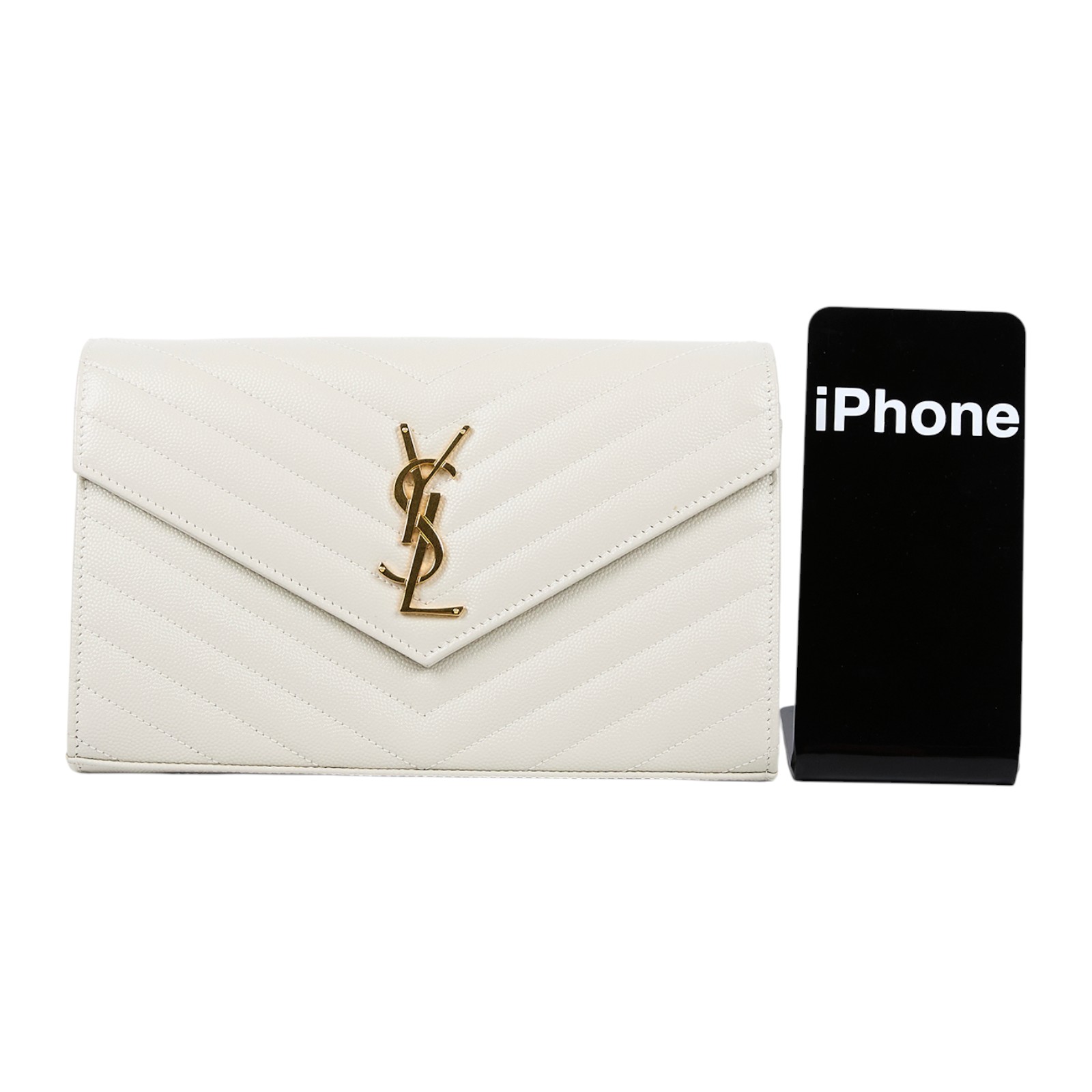 聖羅蘭 YSL SAINT LAURENT Cassandre 經典粒面皮革 鏈條 錢包 金色五金 377828BOW01 白金魚子醬WOC 原廠盒子/防塵袋