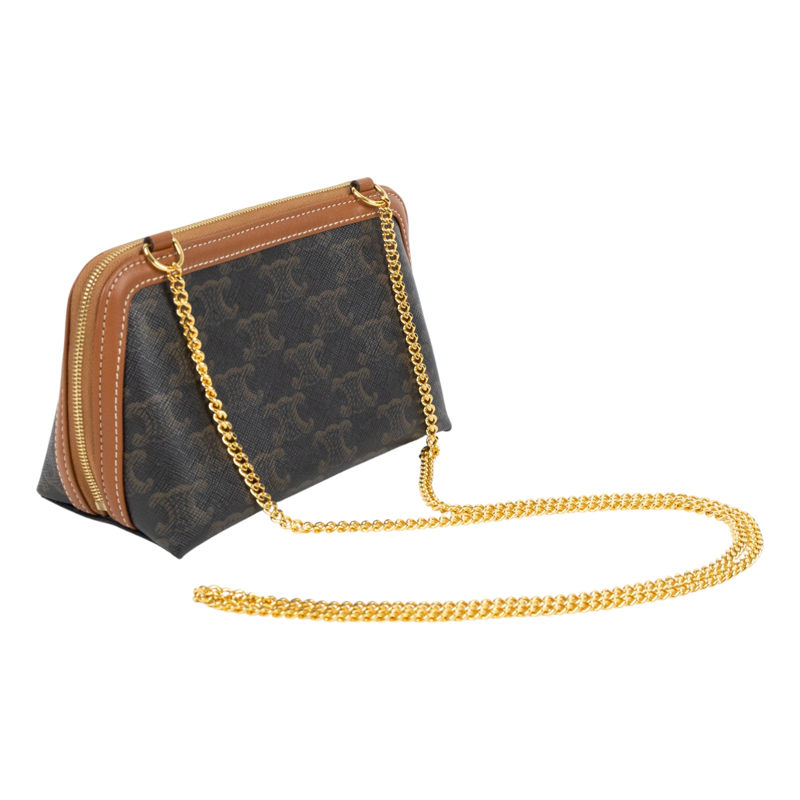 思琳 CELINE 標誌印花飾鍊 手提包 10E382CBX 原花TRIOMPHE黃褐色貝殼包 原廠盒子/防塵袋