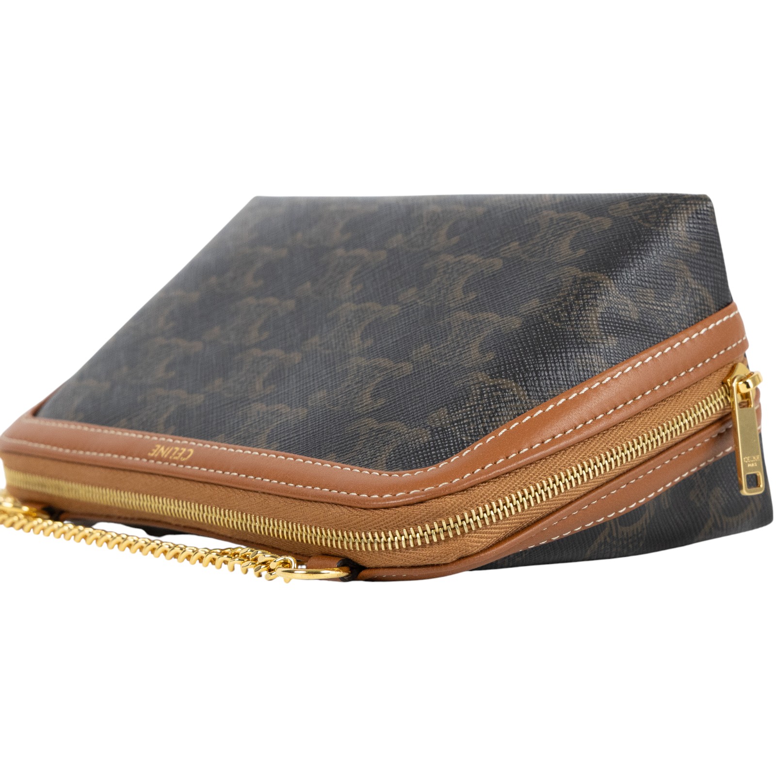 思琳 CELINE 標誌印花飾鍊 手提包 10E382CBX 原花TRIOMPHE黃褐色貝殼包 原廠盒子/防塵袋