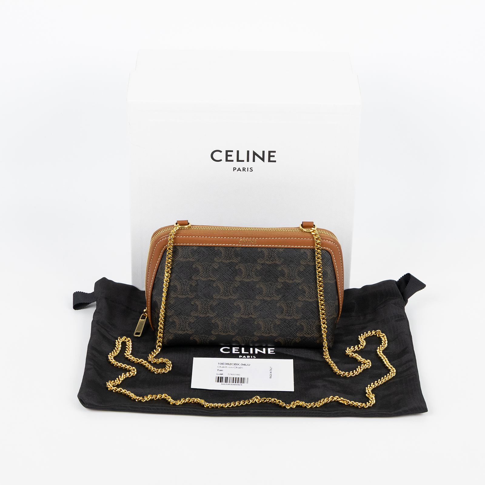 思琳 CELINE 標誌印花飾鍊 手提包 10E382CBX 原花TRIOMPHE黃褐色貝殼包 原廠盒子/防塵袋