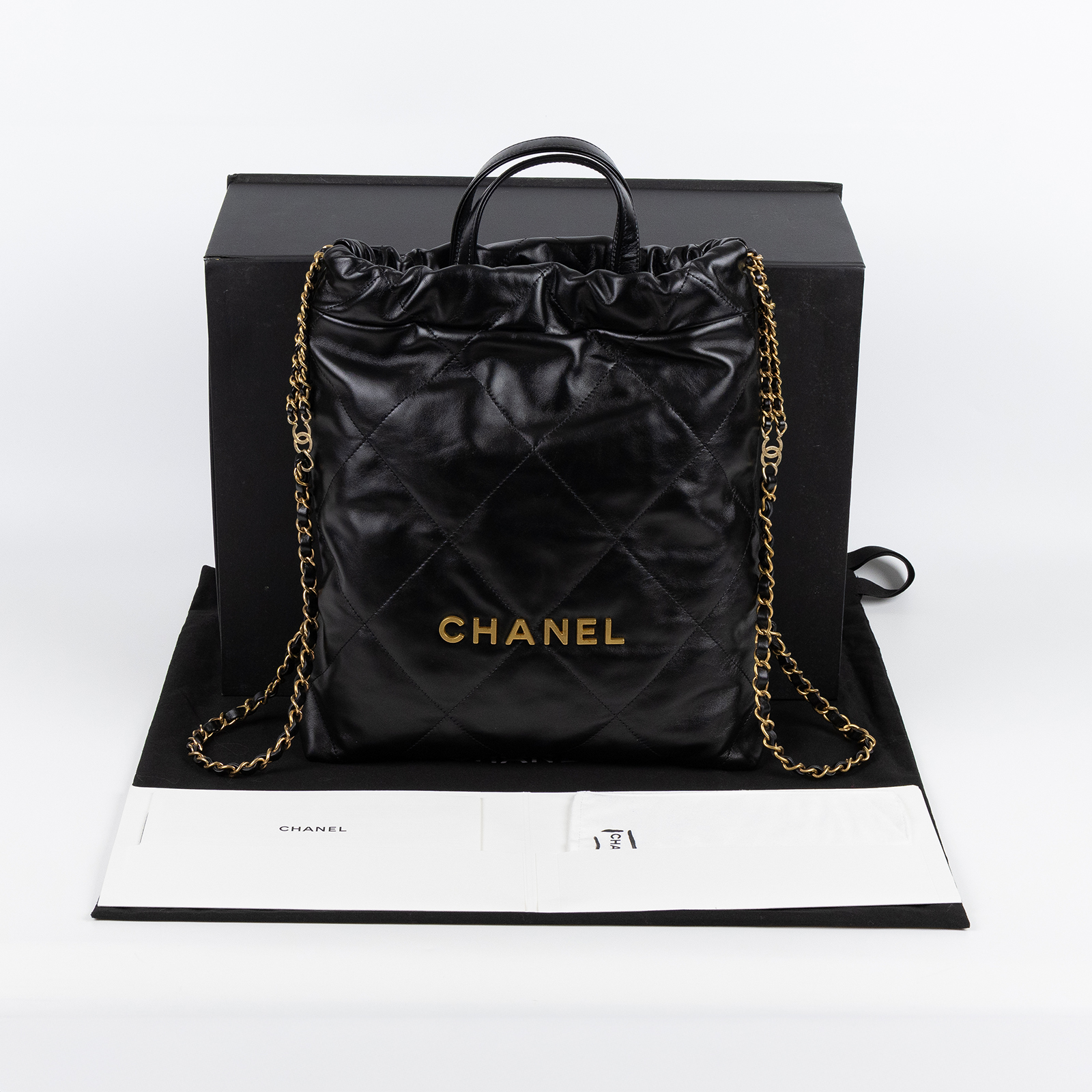 香奈兒 CHANEL 22 皮穿鍊 後背包 雙肩包 手提包 AS3859 晶片款 黑金22後背包 原廠盒子/防塵袋/購買證明