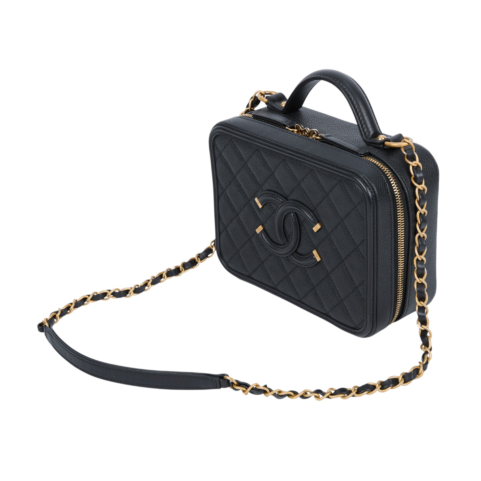 香奈兒 CHANEL Vanity Case 中型 化妝箱 A93343 Y60542 24開黑金荔枝VANITY CASE 原廠盒子/防塵袋/鎖組/購買證明/保證卡