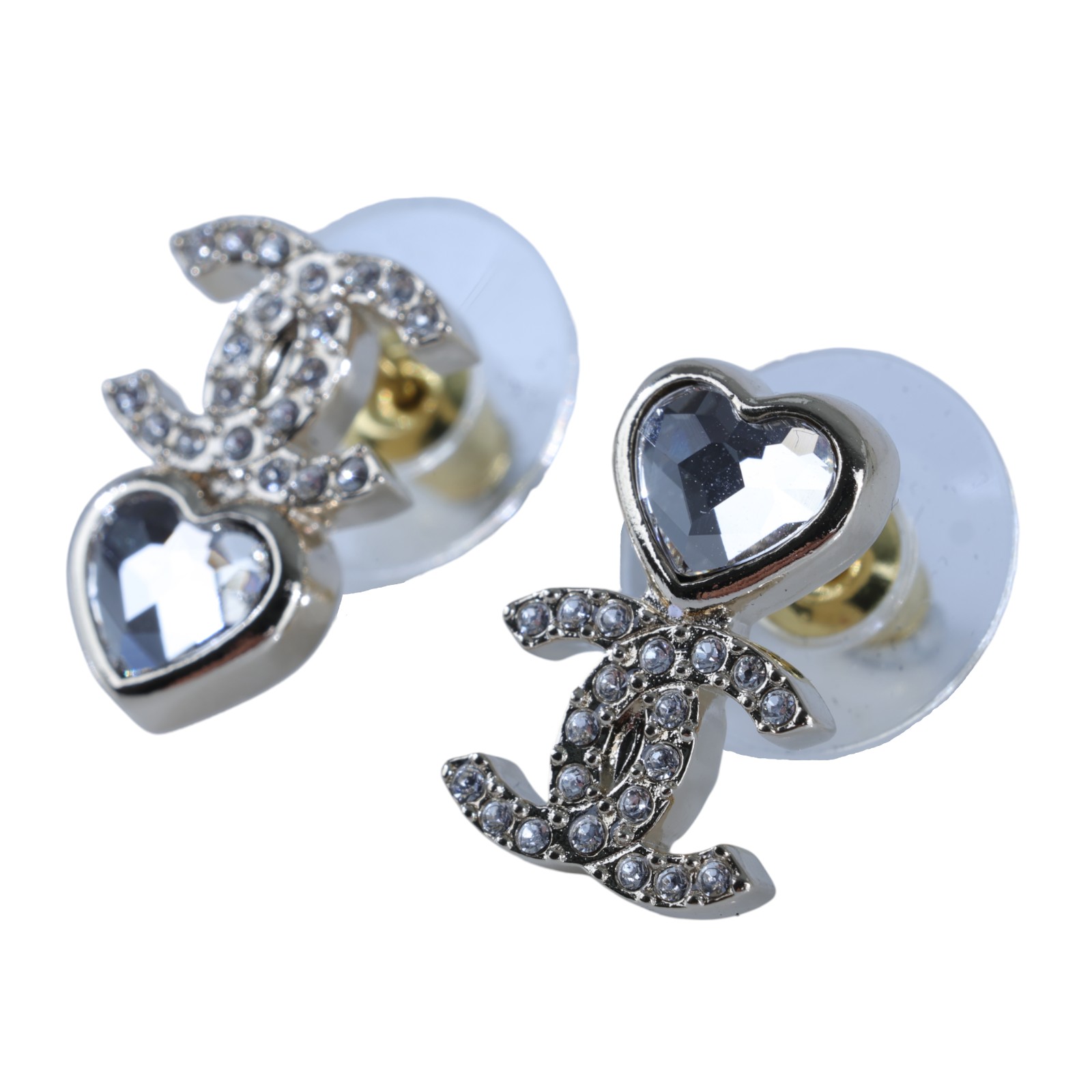 香奈兒 CHANEL CC LOGO 耳環 耳釘 B25/B 淡金水鑽愛心雙C耳環 原廠盒子/內襯