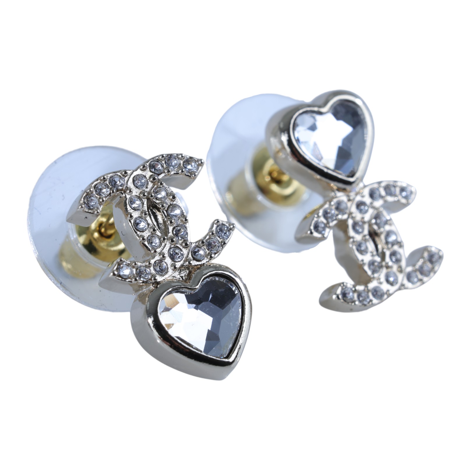 香奈兒 CHANEL CC LOGO 耳環 耳釘 B25/B 淡金水鑽愛心雙C耳環 原廠盒子/內襯