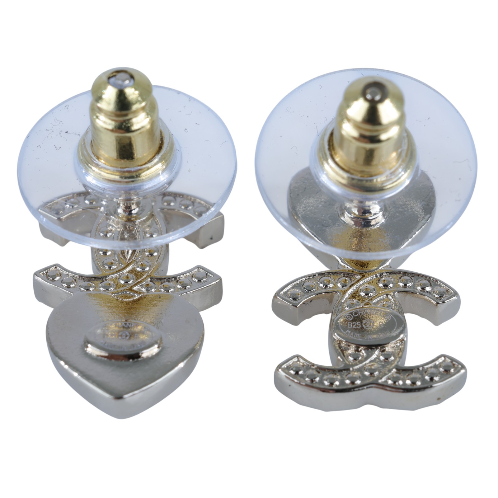 香奈兒 CHANEL CC LOGO 耳環 耳釘 B25/B 淡金水鑽愛心雙C耳環 原廠盒子/內襯