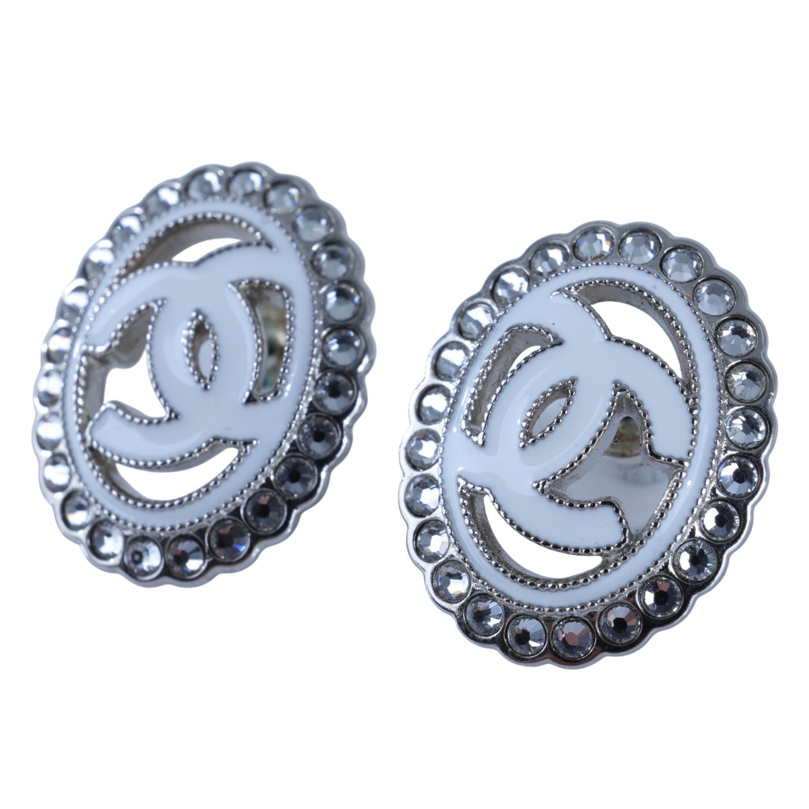 香奈兒 CHANEL CC LOGO 耳環 耳釘 A25/C 銀白水鑽簍空雙C耳環 原廠盒子/內襯