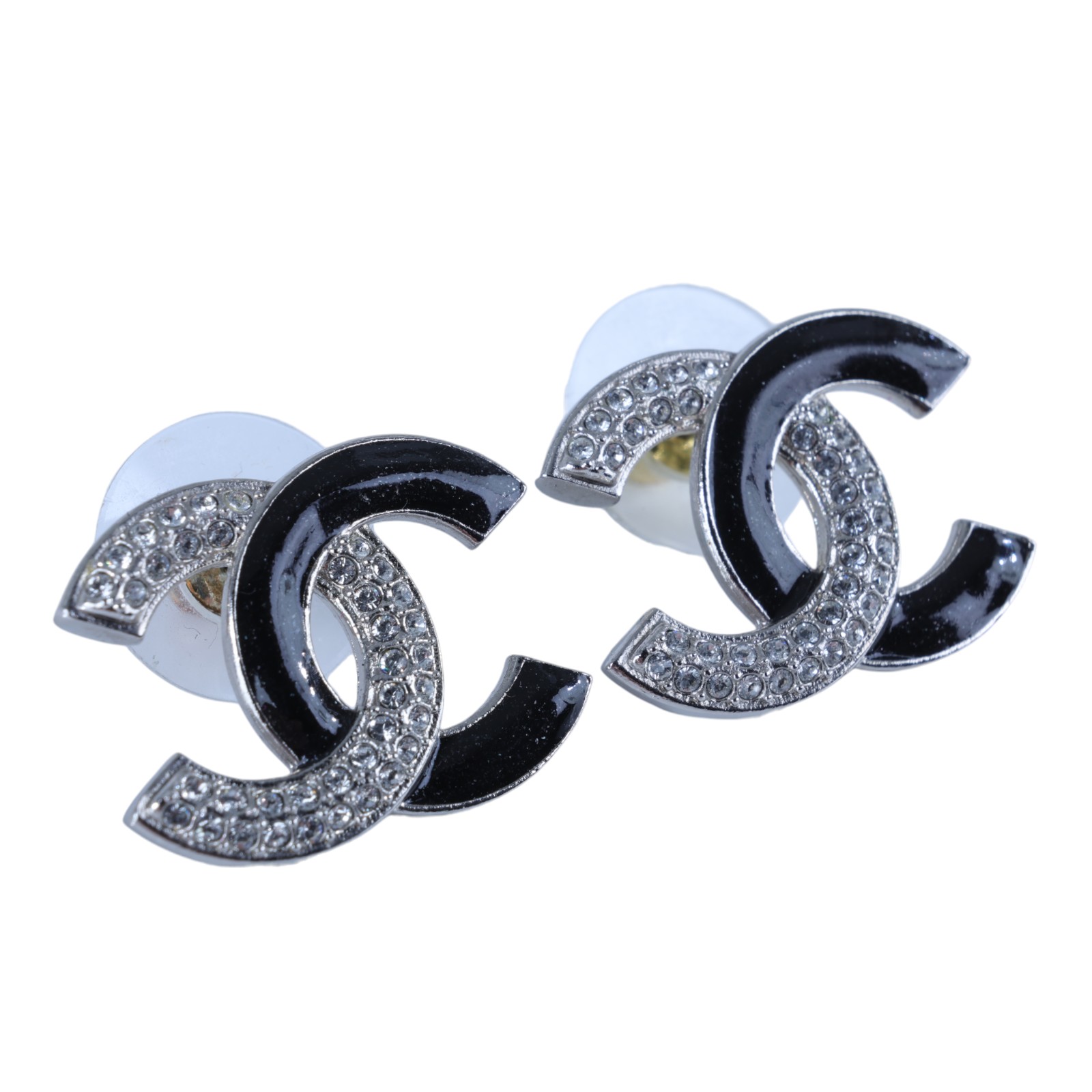 香奈兒 CHANEL CC LOGO 耳環 耳釘  黑銀大雙C水鑽耳環 原廠盒子/內襯