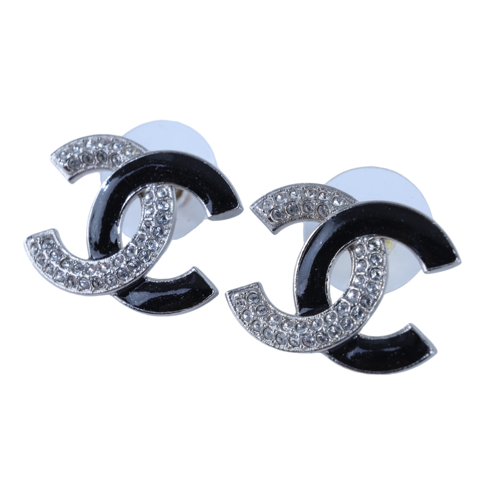 香奈兒 CHANEL CC LOGO 耳環 耳釘  黑銀大雙C水鑽耳環 原廠盒子/內襯