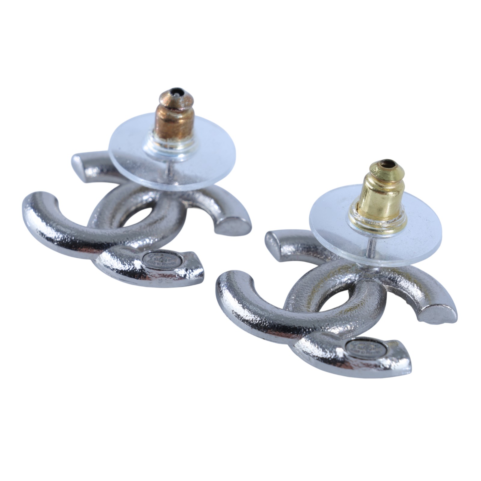 香奈兒 CHANEL CC LOGO 耳環 耳釘  黑銀大雙C水鑽耳環 原廠盒子/內襯